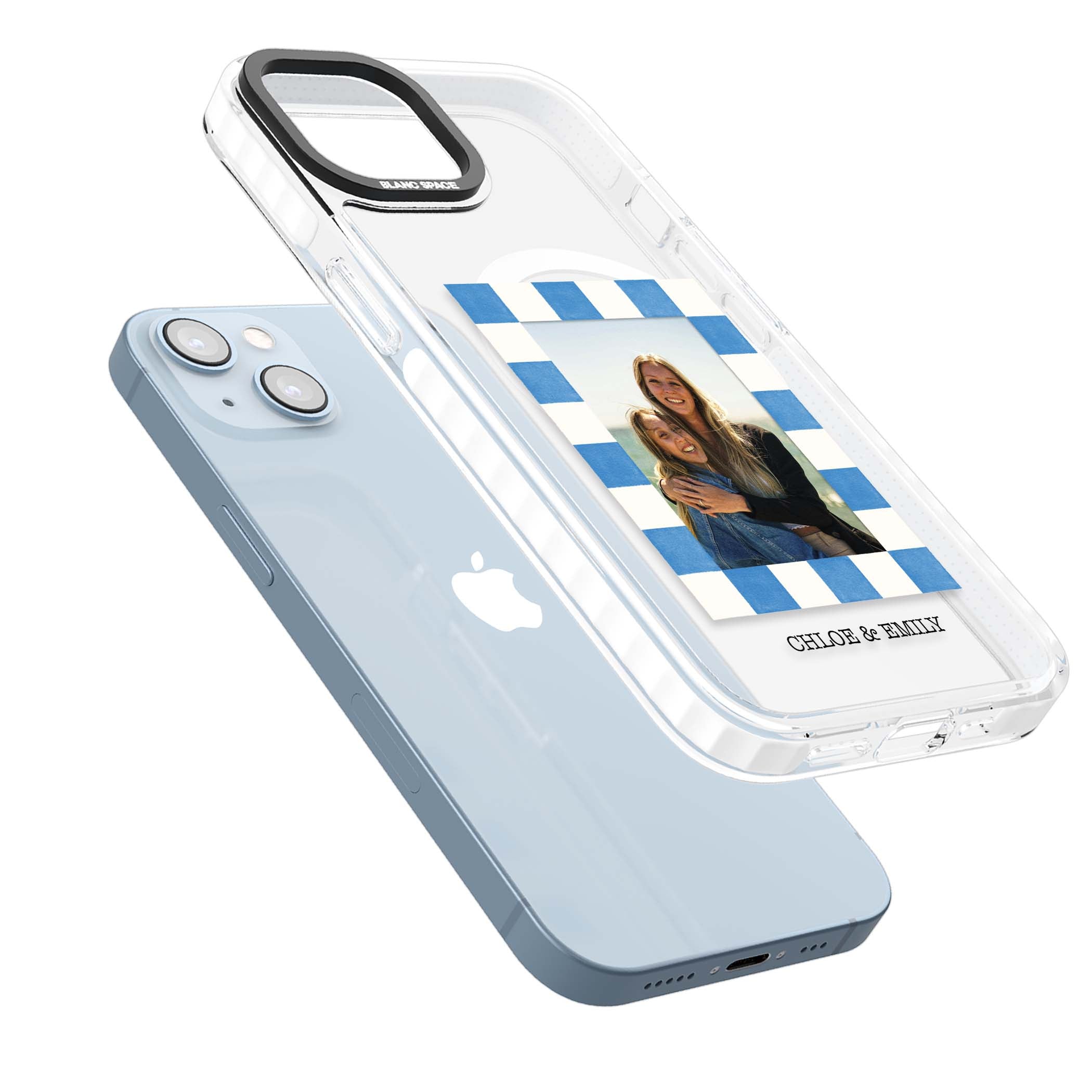 Blue Check Photo personalised photo iPhone case with blue checkered frame and custom couple names | Impact Magsafe case for iPhone 13, iPhone 14, iPhone 15