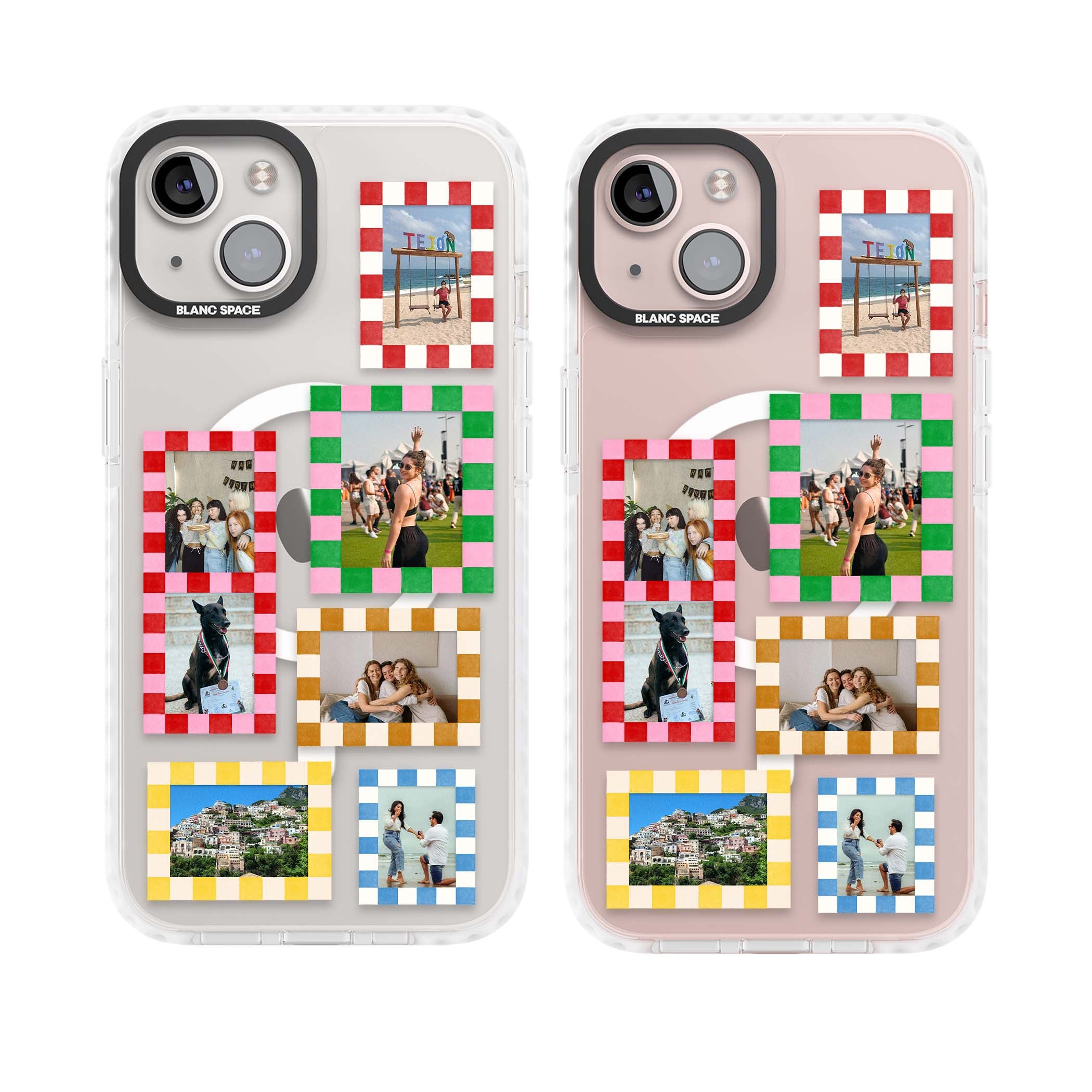 Italian Check Frames custom photo collage iPhone case featuring six checkered photo frames in red, green, pink and | Impact Magsafe case for iPhone 13, iPhone 14, iPhone 15