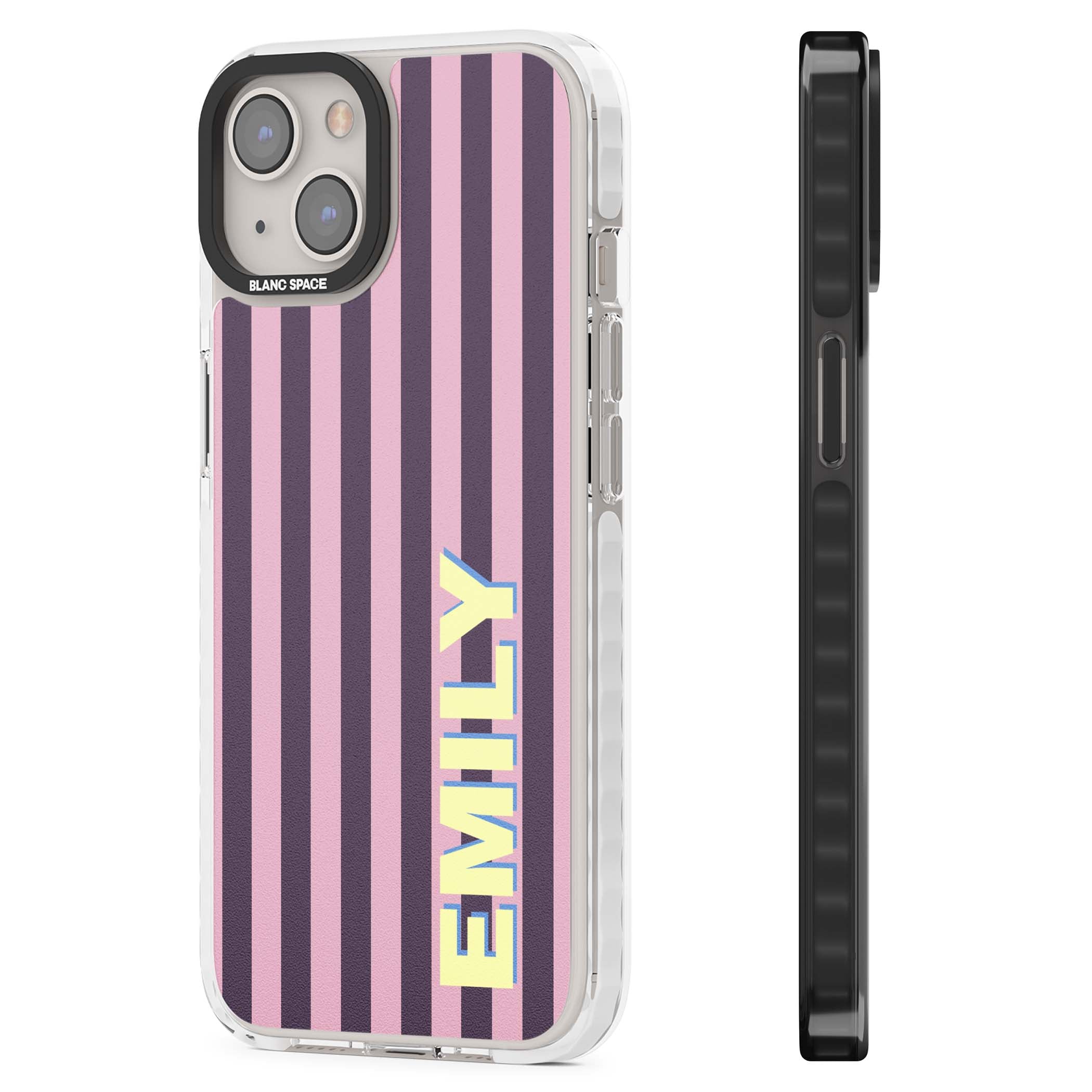 Tyre Stripe personalised stripe iPhone case with plum and pink vertical stripes and custom yellow name | Impact Magsafe case for iPhone 13, iPhone 14, iPhone 15