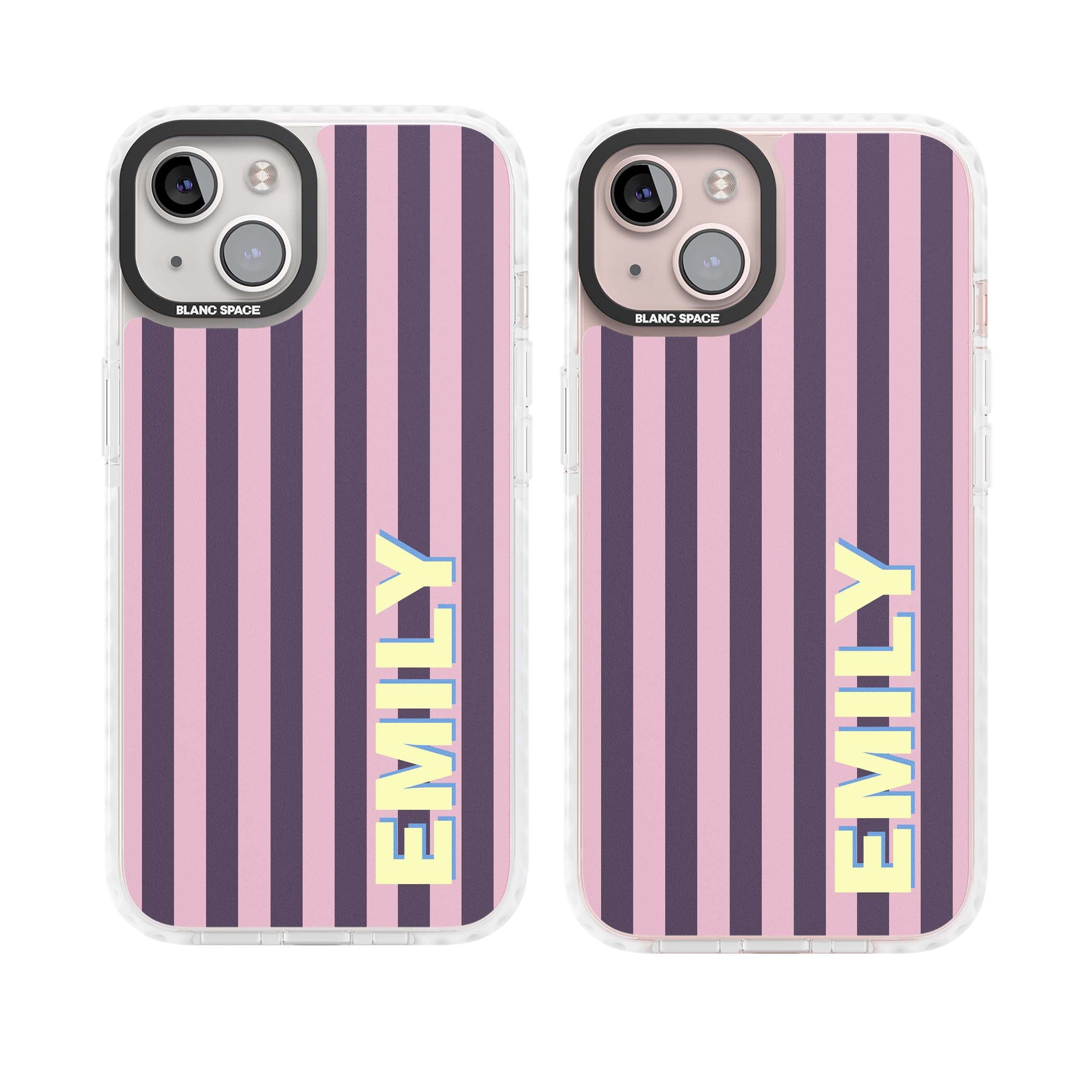 Tyre Stripe personalised stripe iPhone case with plum and pink vertical stripes and custom yellow name | Impact Magsafe case for iPhone 13, iPhone 14, iPhone 15