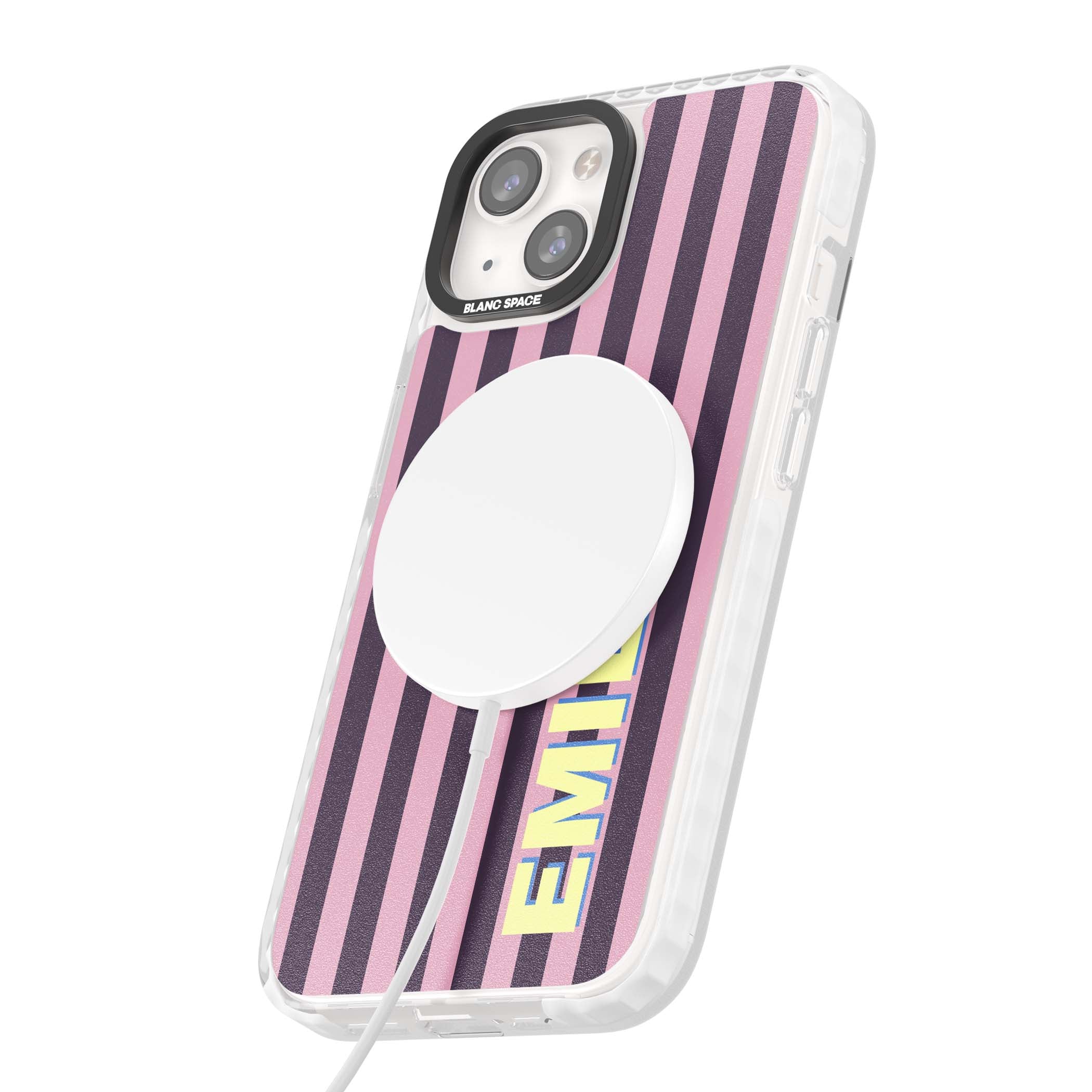 Tyre Stripe personalised stripe iPhone case with plum and pink vertical stripes and custom yellow name | Impact Magsafe case for iPhone 13, iPhone 14, iPhone 15