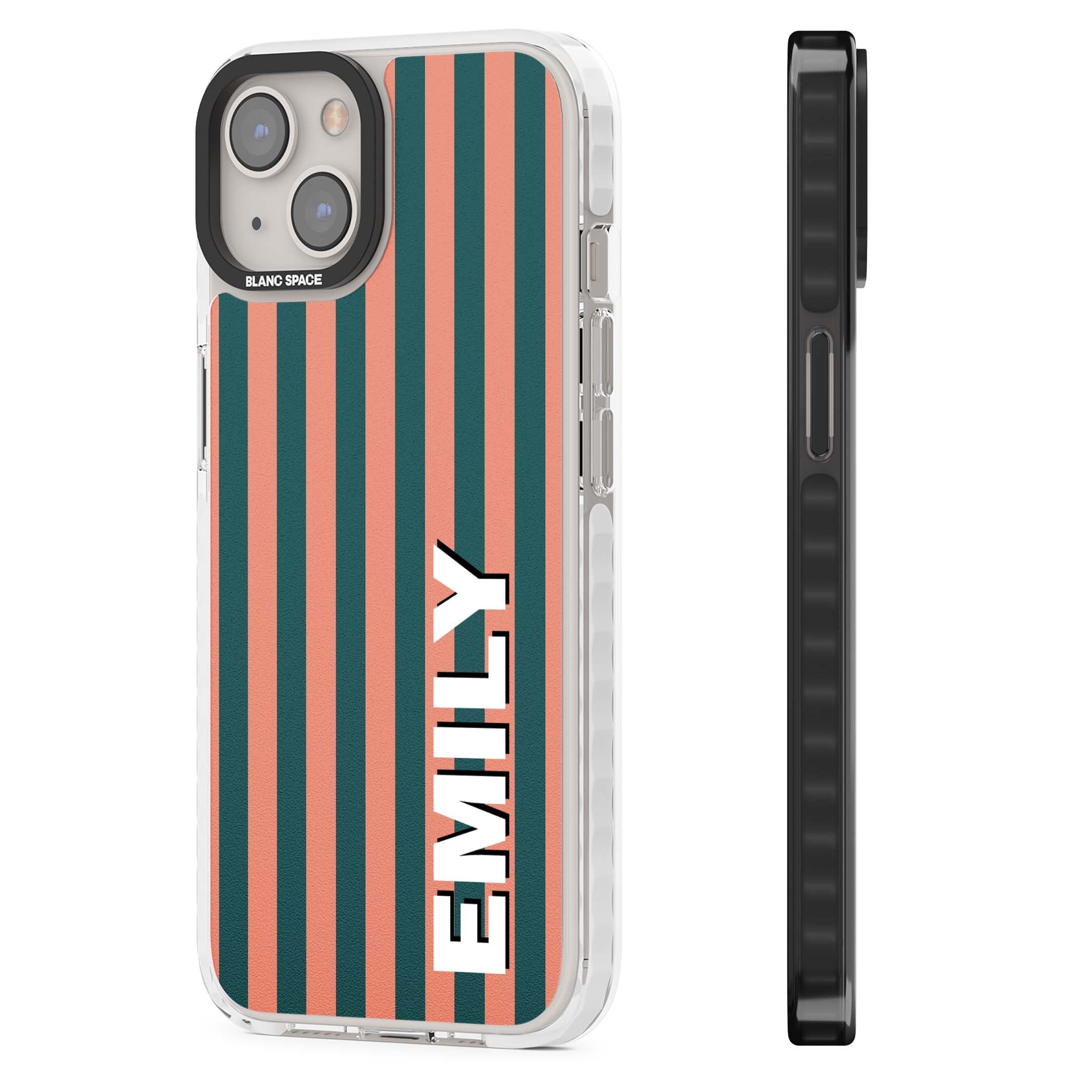 Tuscan Stripe personalised iPhone case featuring coral and green vertical stripes with bold custom name | Impact Magsafe case for iPhone 13, iPhone 14, iPhone 15