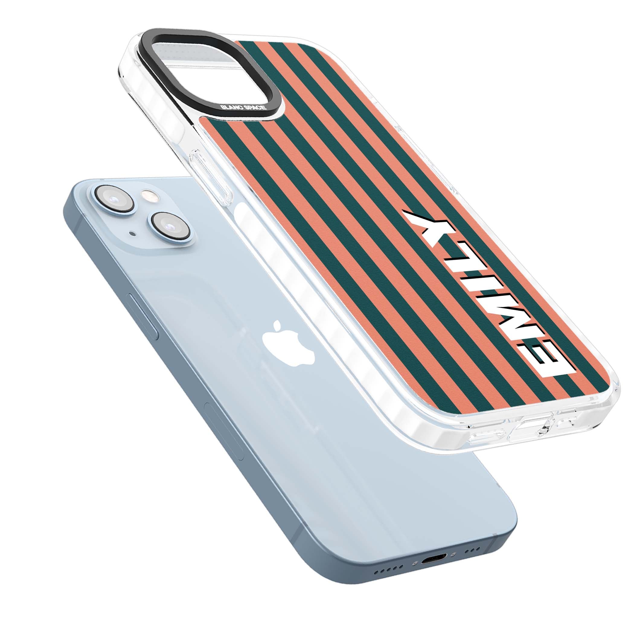 Tuscan Stripe personalised iPhone case featuring coral and green vertical stripes with bold custom name | Impact Magsafe case for iPhone 13, iPhone 14, iPhone 15
