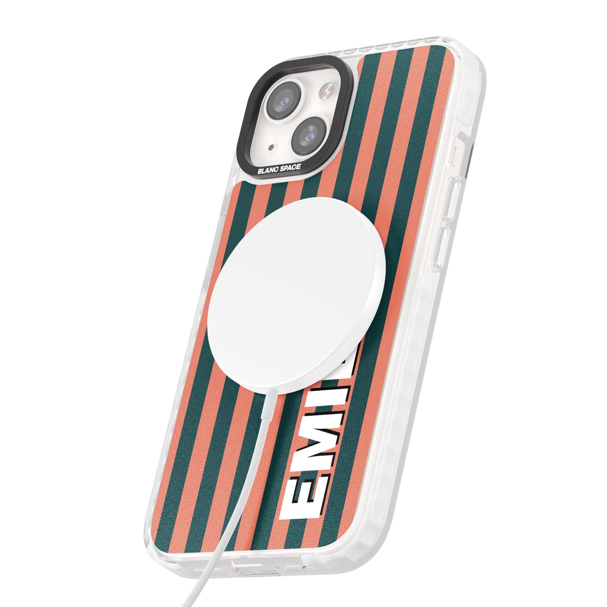 Tuscan Stripe personalised iPhone case featuring coral and green vertical stripes with bold custom name | Impact Magsafe case for iPhone 13, iPhone 14, iPhone 15
