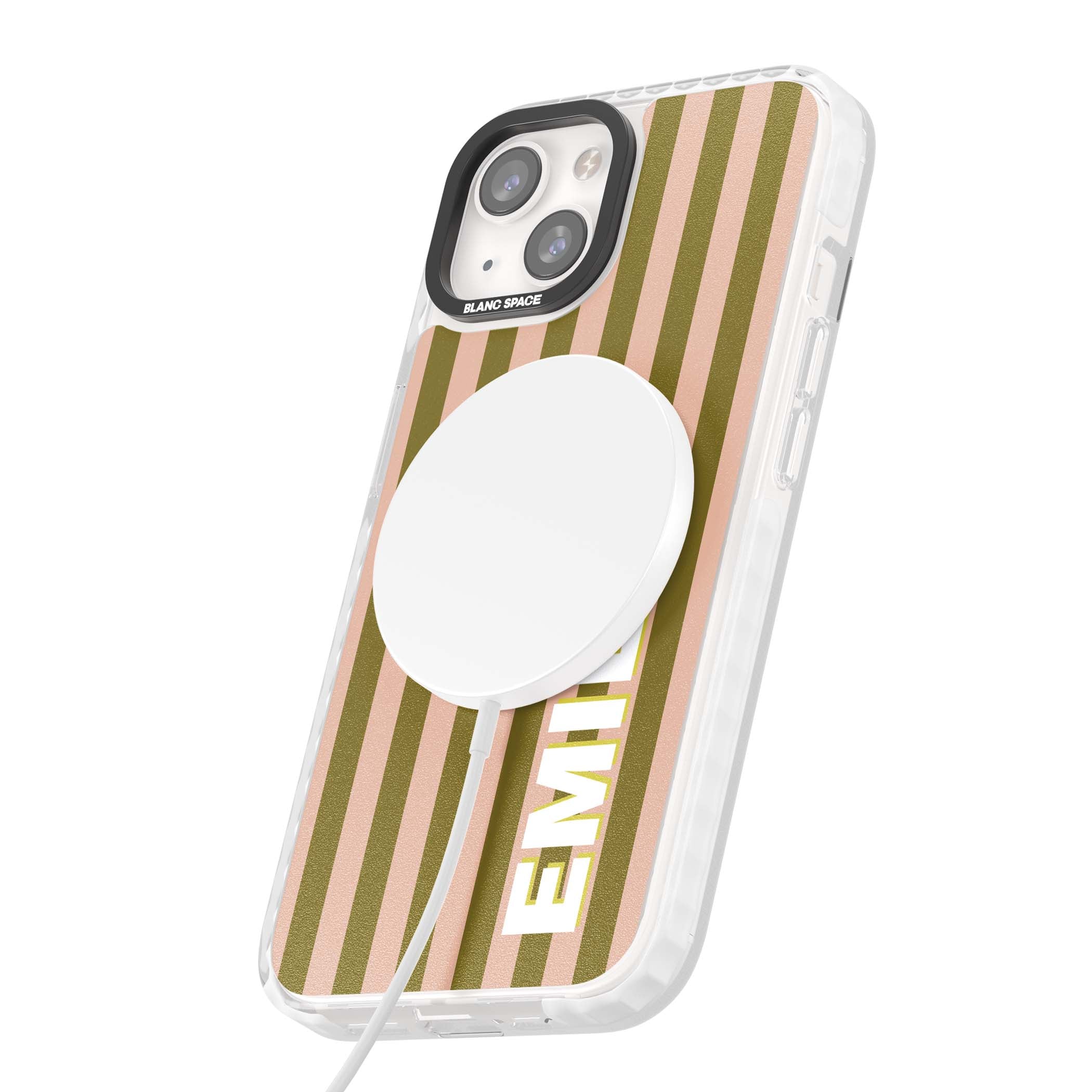 Indian Stripe personalised iPhone case featuring olive green and blush pink vertical stripes with custom name in whit | Impact Magsafe case for iPhone 13, iPhone 14, iPhone 15
