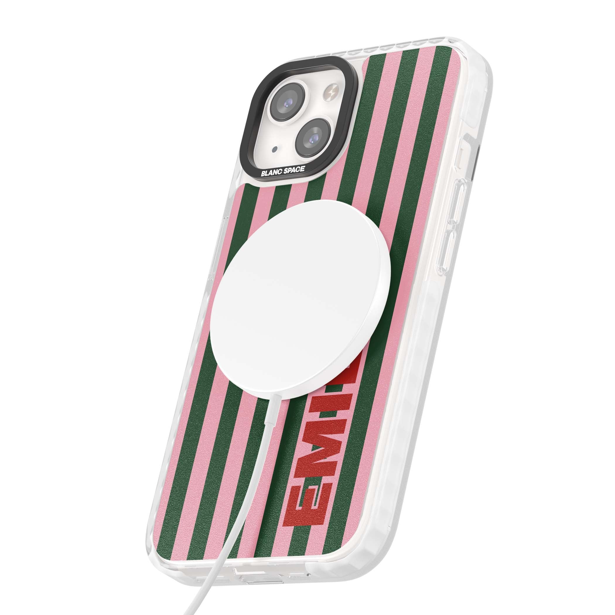 Italian Stripe preppy iPhone case featuring pink and green vertical stripes with personalised red name | Impact Magsafe case for iPhone 13, iPhone 14, iPhone 15