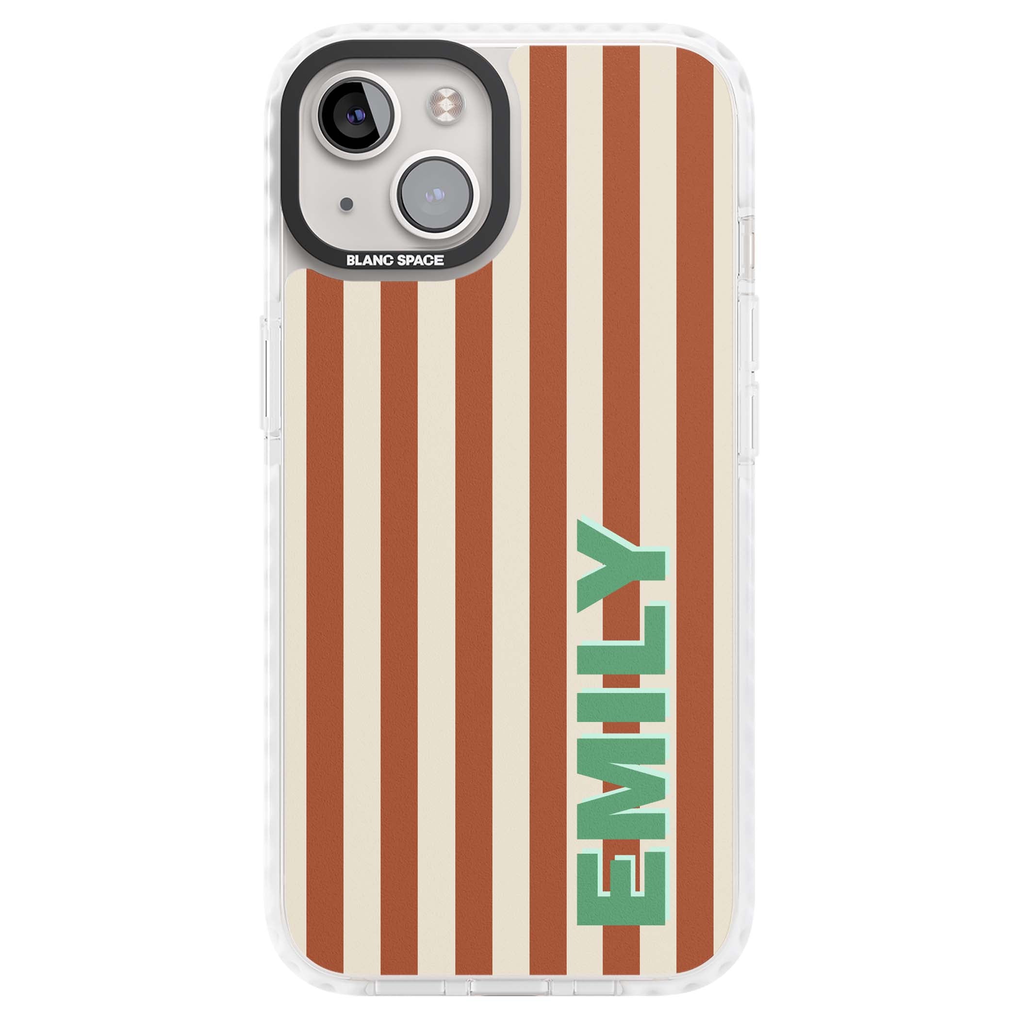 Dune Stripe personalised iPhone case with rust and cream vertical stripes and custom name in mint green | Impact Magsafe case for iPhone 13, iPhone 14, iPhone 15