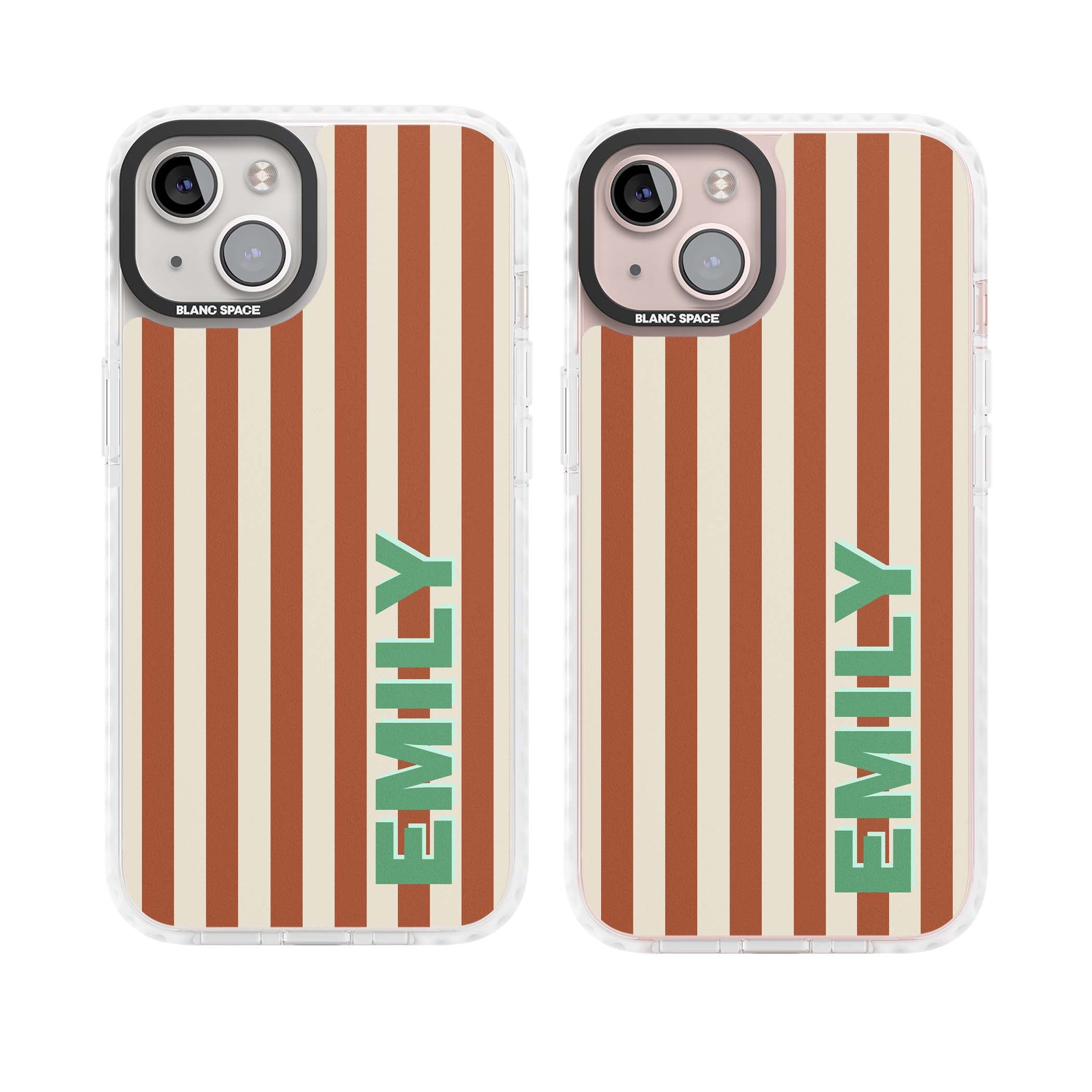 Dune Stripe personalised iPhone case with rust and cream vertical stripes and custom name in mint green | Impact Magsafe case for iPhone 13, iPhone 14, iPhone 15