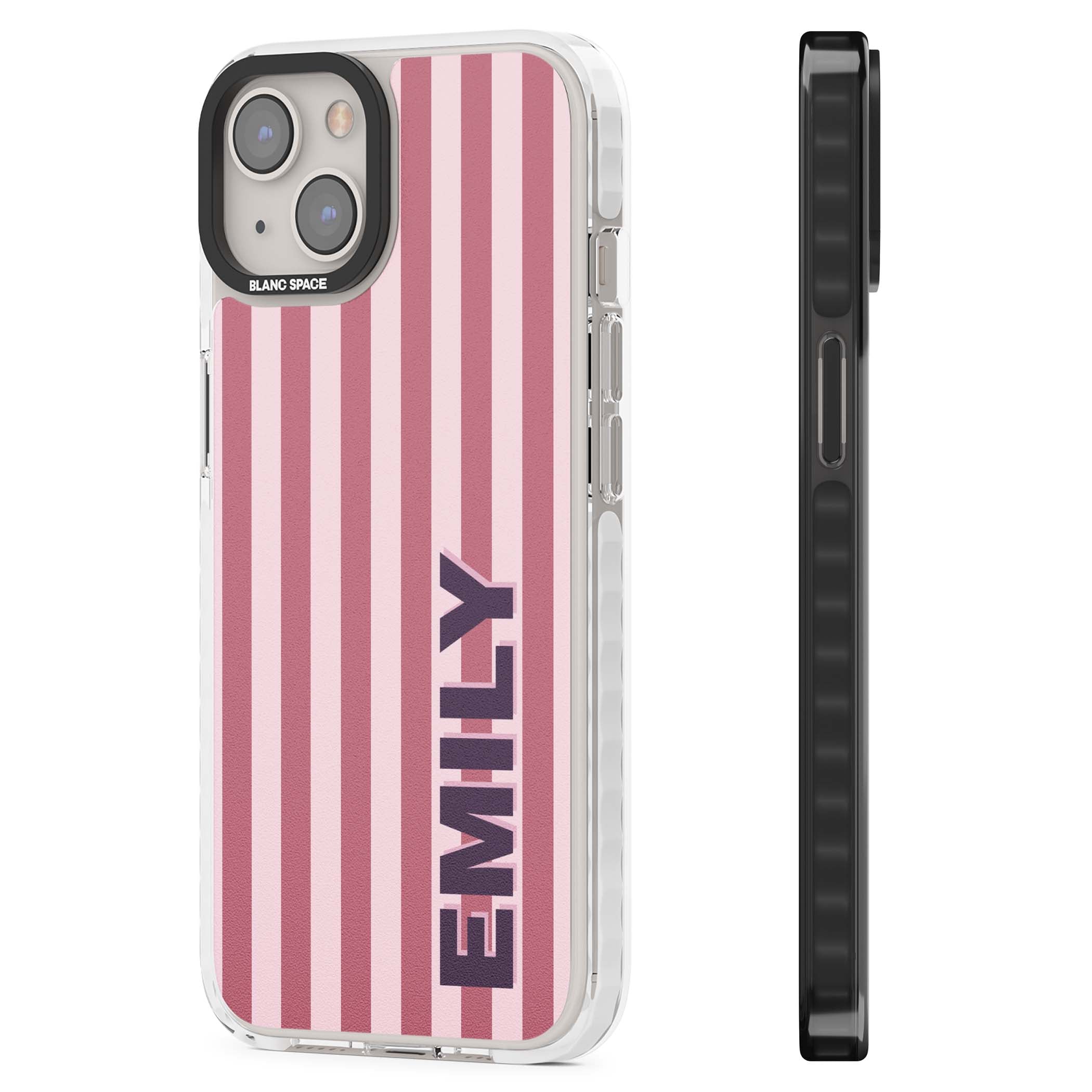 Victoria Stripe personalised iPhone case featuring pink vertical stripes and custom name in bold plum lettering | Impact Magsafe case for iPhone 13, iPhone 14, iPhone 15