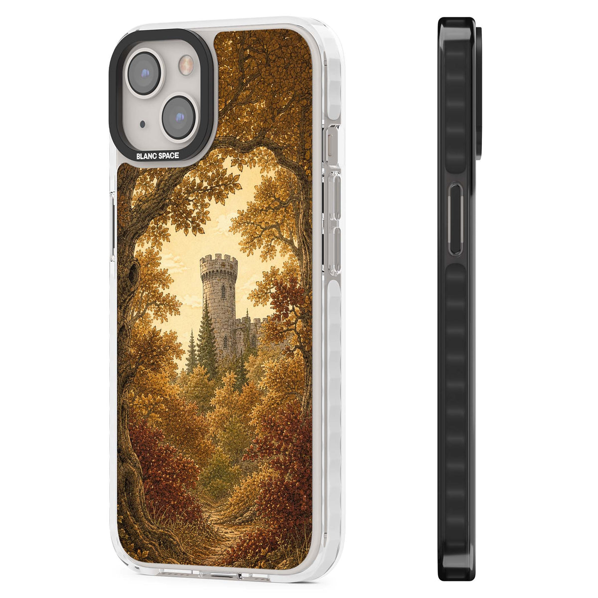 Autumn Keep cottagecore iPhone case featuring a medieval castle tower framed by golden autumn trees and woodland foliage | Impact Magsafe case for iPhone 13, iPhone 14, iPhone 15