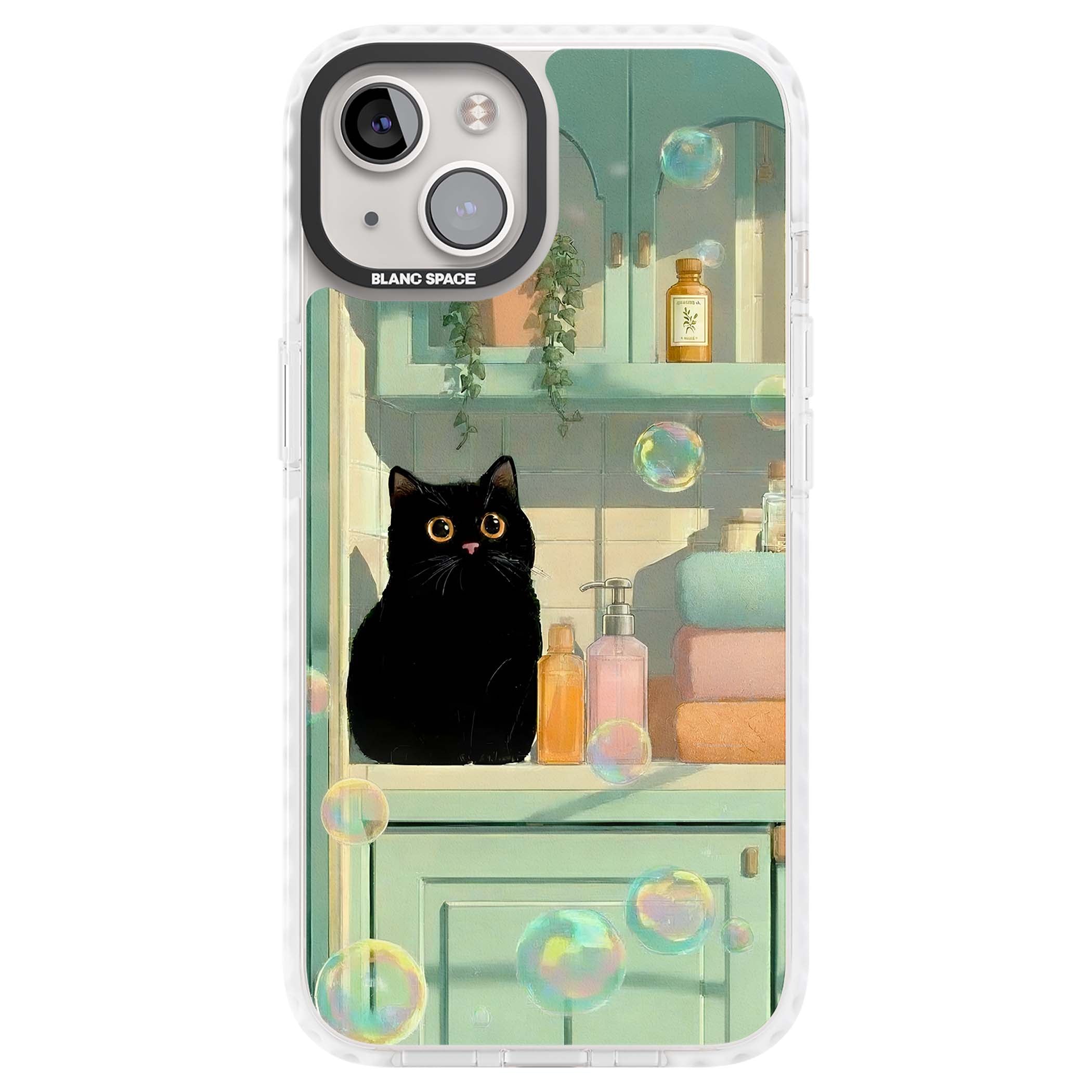 Bathroom Bubble Kitty cottagecore iPhone case featuring a black cat, mint bathroom scene and floating soap bubbles | Impact Magsafe case for iPhone 13, iPhone 14, iPhone 15