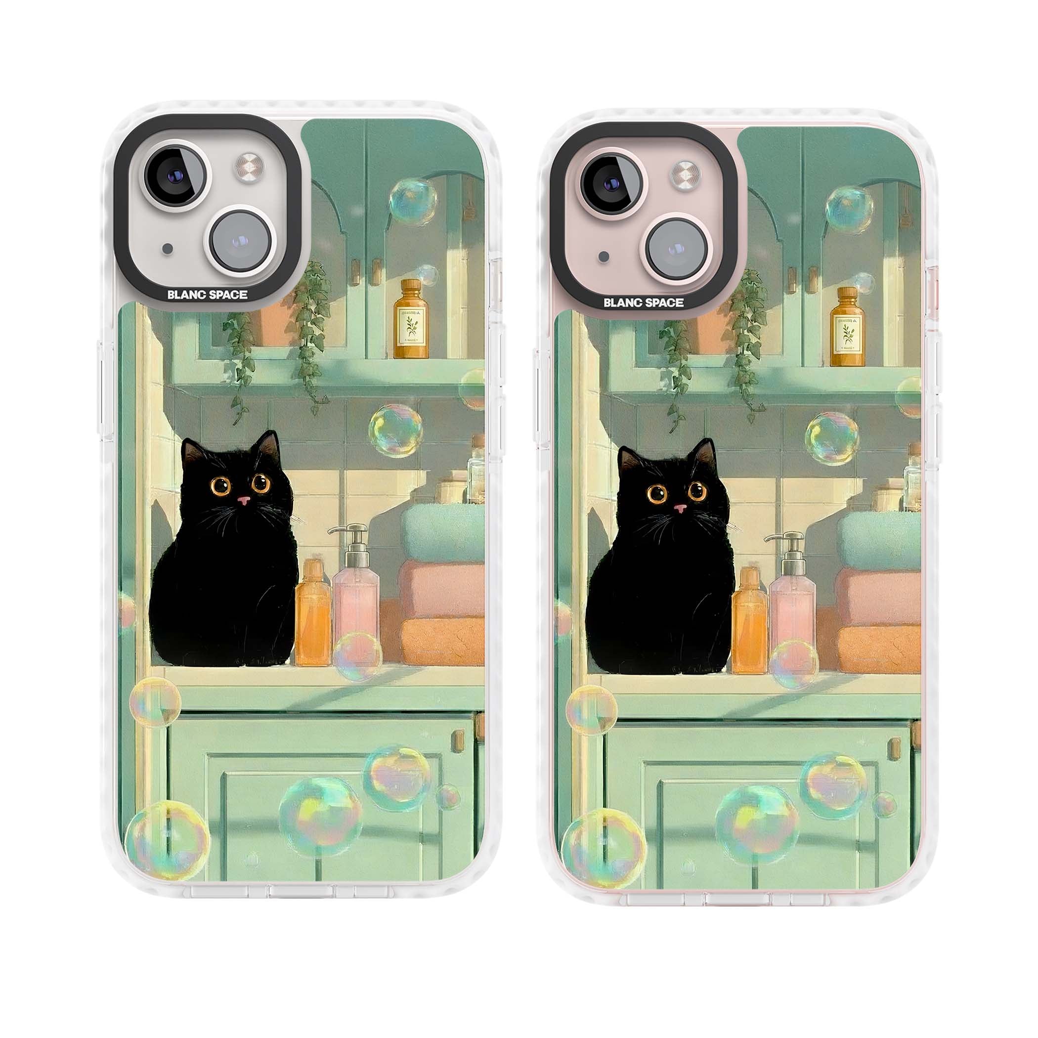 Bathroom Bubble Kitty cottagecore iPhone case featuring a black cat, mint bathroom scene and floating soap bubbles | Impact Magsafe case for iPhone 13, iPhone 14, iPhone 15