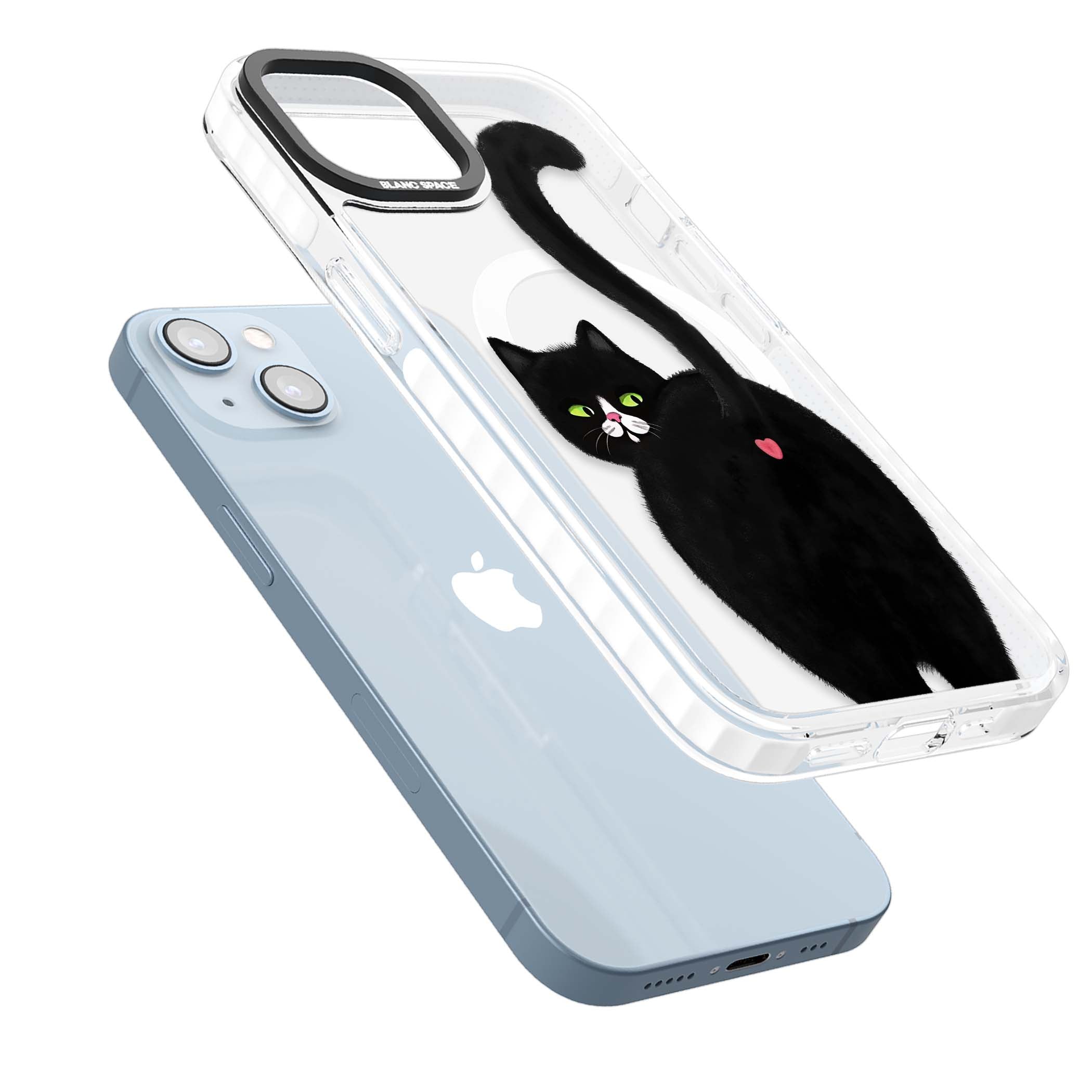The Cat's Kiss cute cat iPhone case featuring a hand-painted tuxedo kitty with green eyes and a pink heart on a clear | Impact Magsafe case for iPhone 13, iPhone 14, iPhone 15