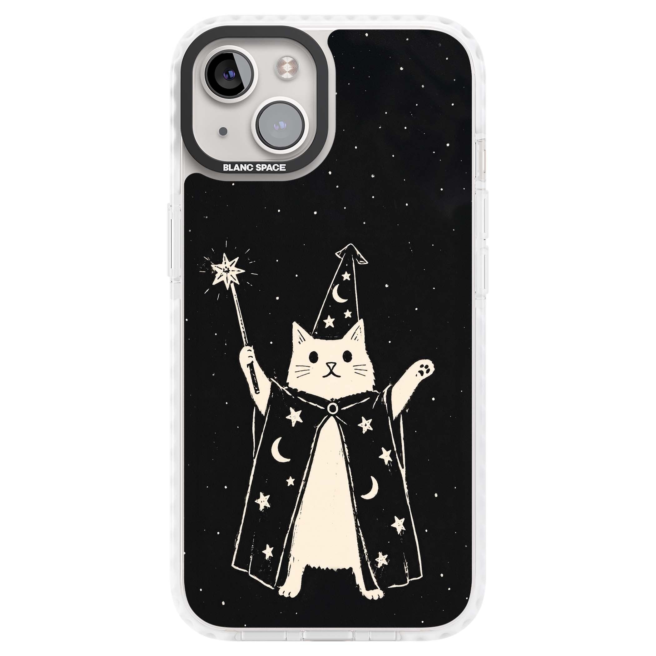 Whisker Wizard celestial cat iPhone case featuring a wizard cat with magic wand, starry night sky and crescent moons | Impact Magsafe case for iPhone 13, iPhone 14, iPhone 15