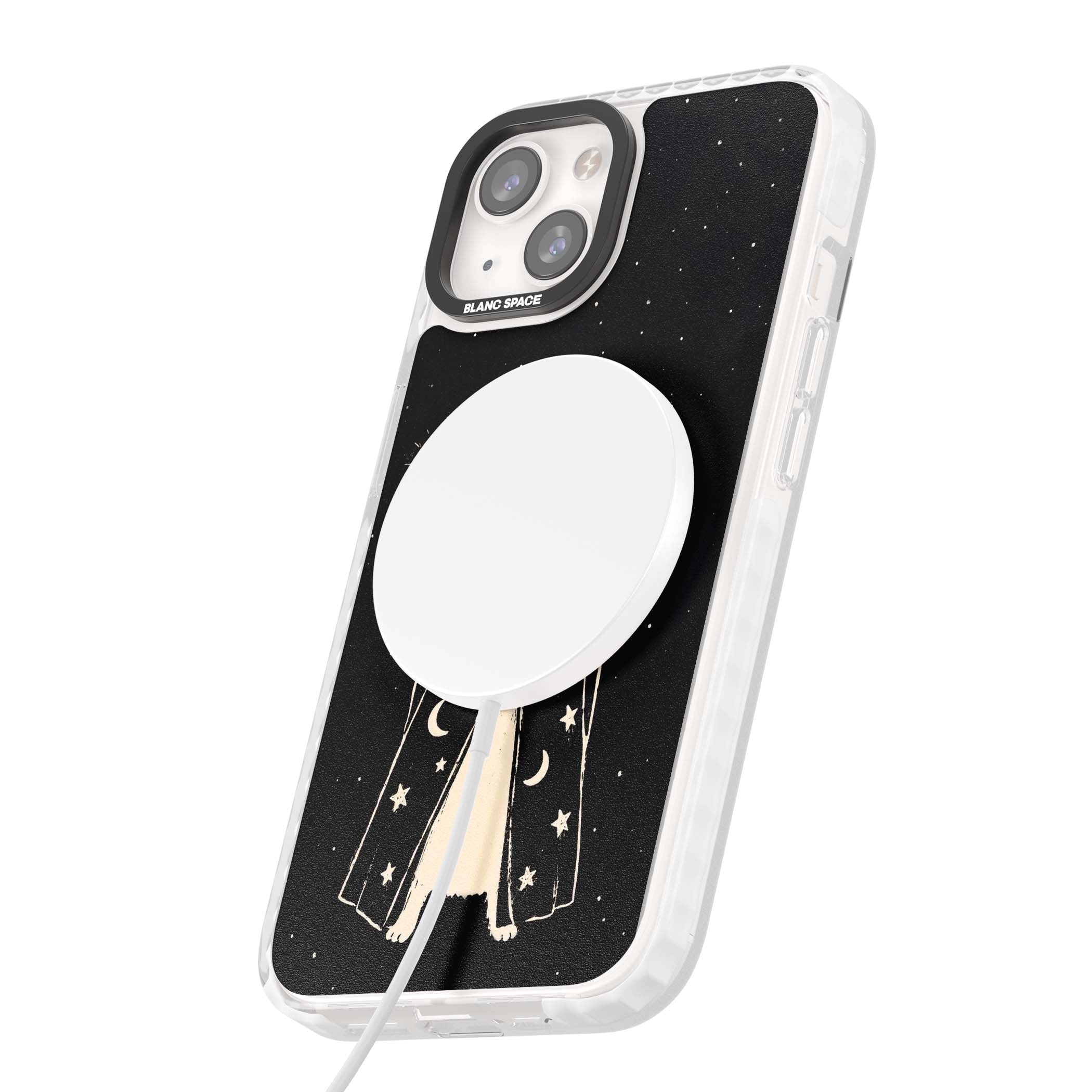 Whisker Wizard celestial cat iPhone case featuring a wizard cat with magic wand, starry night sky and crescent moons | Impact Magsafe case for iPhone 13, iPhone 14, iPhone 15