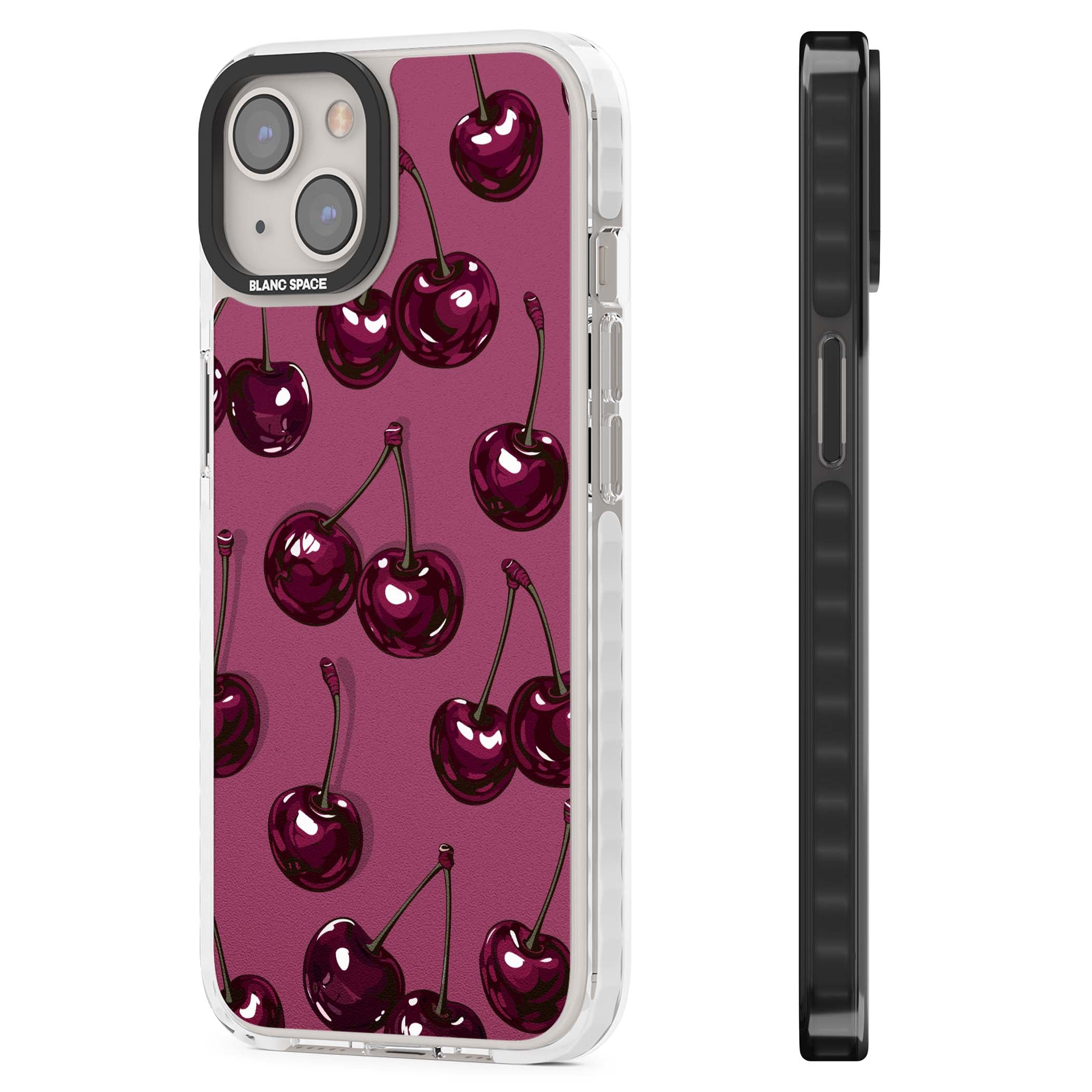 Cherry Soda coquette iPhone case featuring glossy burgundy cherries on a dusty pink background | Impact Magsafe case for iPhone 13, iPhone 14, iPhone 15