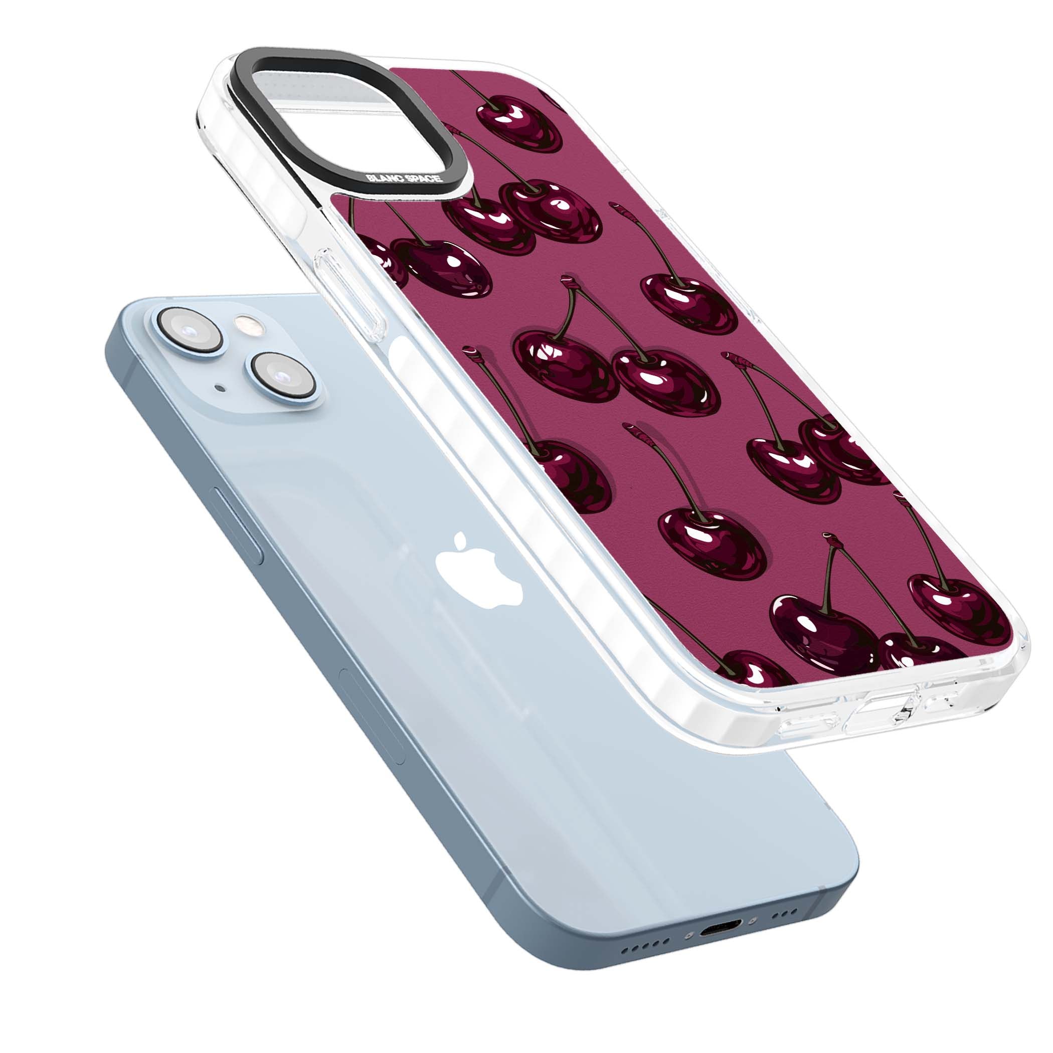 Cherry Soda coquette iPhone case featuring glossy burgundy cherries on a dusty pink background | Impact Magsafe case for iPhone 13, iPhone 14, iPhone 15