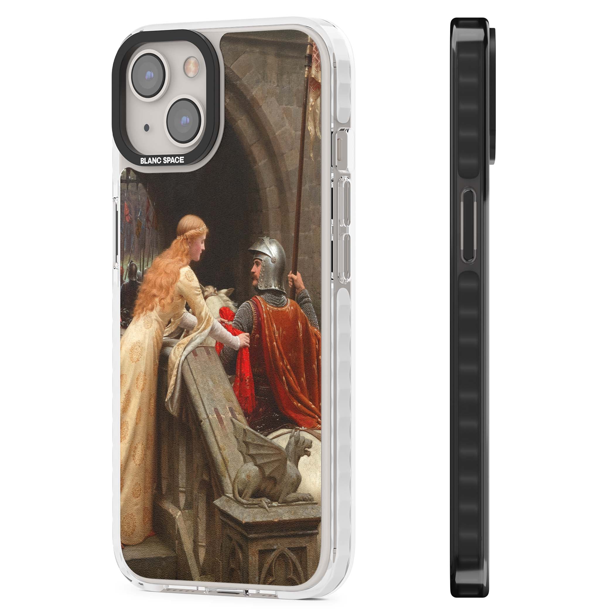 God Speed fine art iPhone case featuring Edmund Blair Leighton's medieval knight and lady beneath a stone archway | Impact Magsafe case for iPhone 13, iPhone 14, iPhone 15