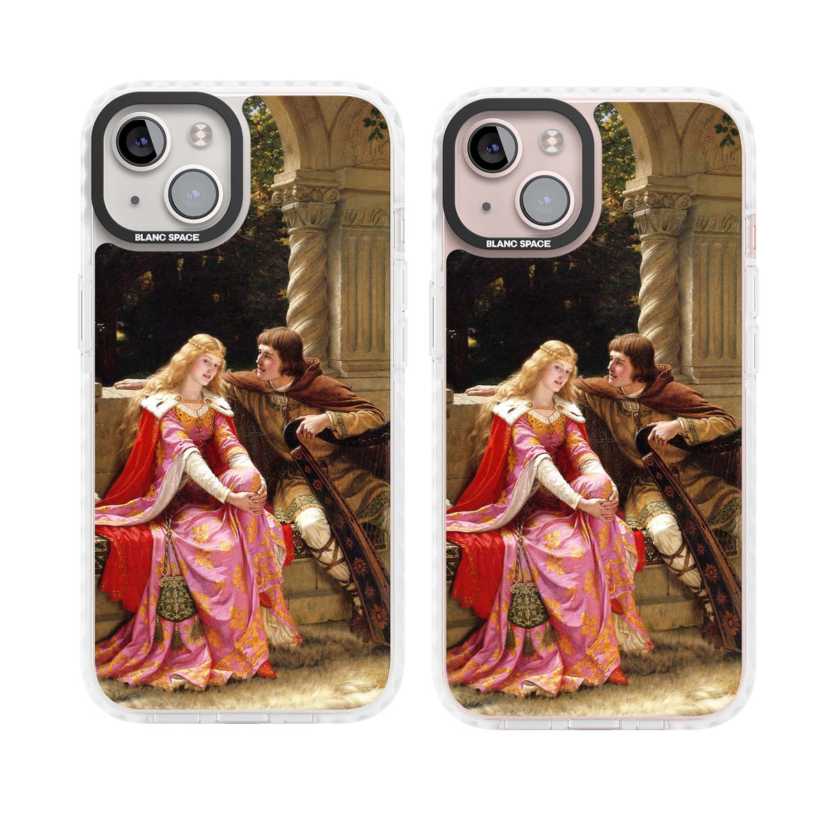 The End of the Song classic art iPhone case featuring a medieval lady in pink gown and her knight in a stone archway | Impact Magsafe case for iPhone 13, iPhone 14, iPhone 15
