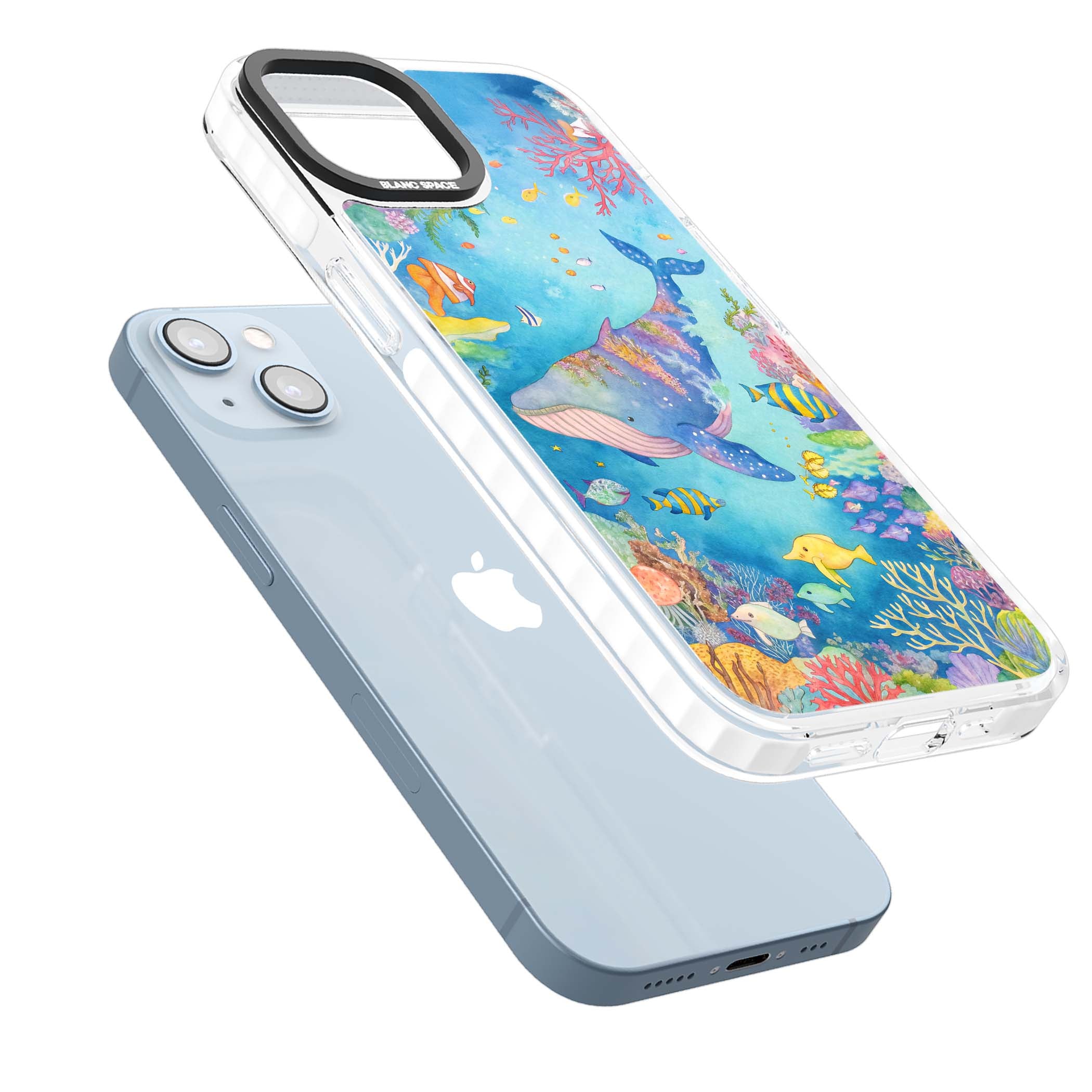 Coral Lagoon ocean iPhone case featuring a watercolour whale, coral reef and tropical fish | Impact Magsafe case for iPhone 13, iPhone 14, iPhone 15