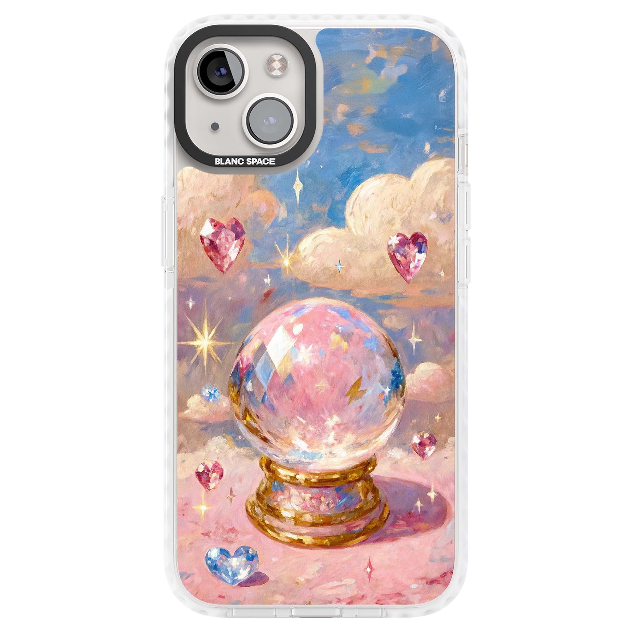 Crystal Ball fairycore iPhone case featuring a painted crystal ball, heart gemstones, and pastel clouds | Impact Magsafe case for iPhone 13, iPhone 14, iPhone 15