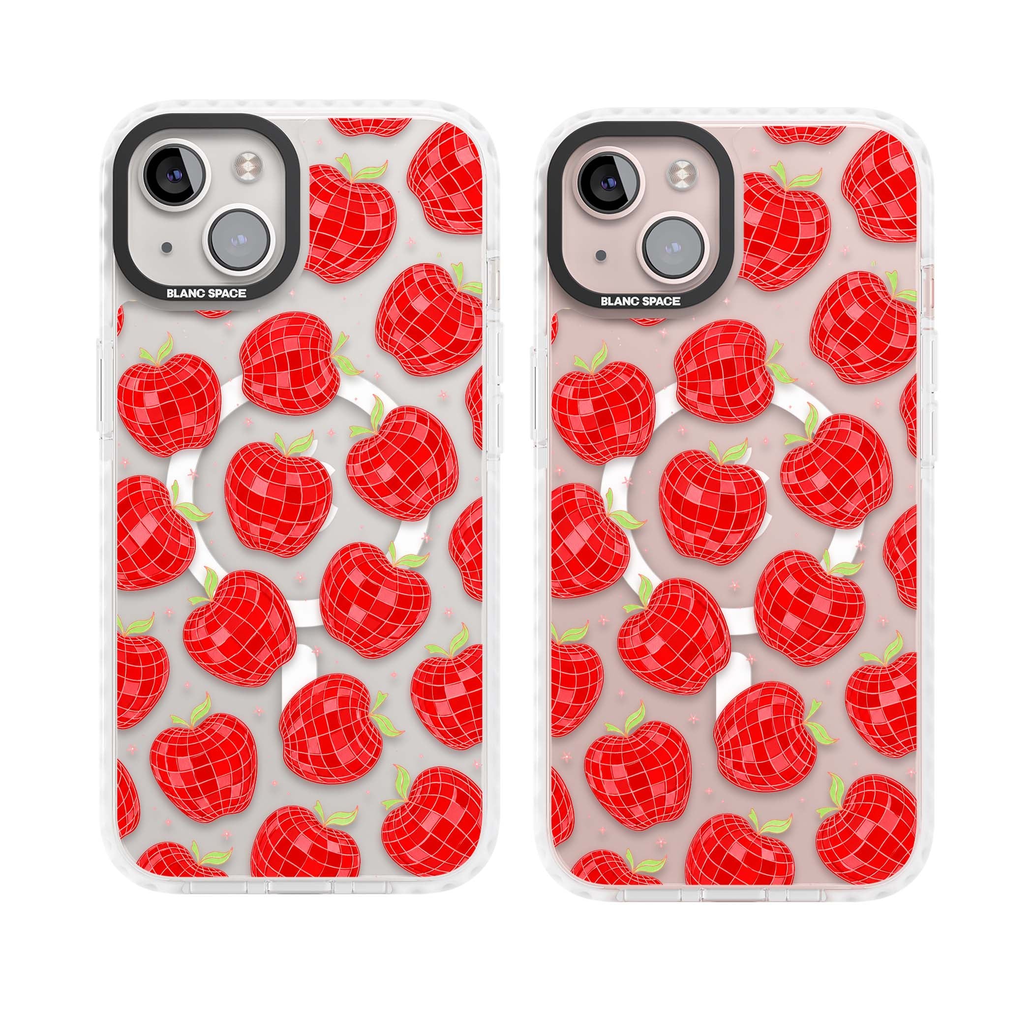 Disco Apples Y2K iPhone case featuring red disco ball apples, green leaves and pink sparkles on clear | Impact Magsafe case for iPhone 13, iPhone 14, iPhone 15