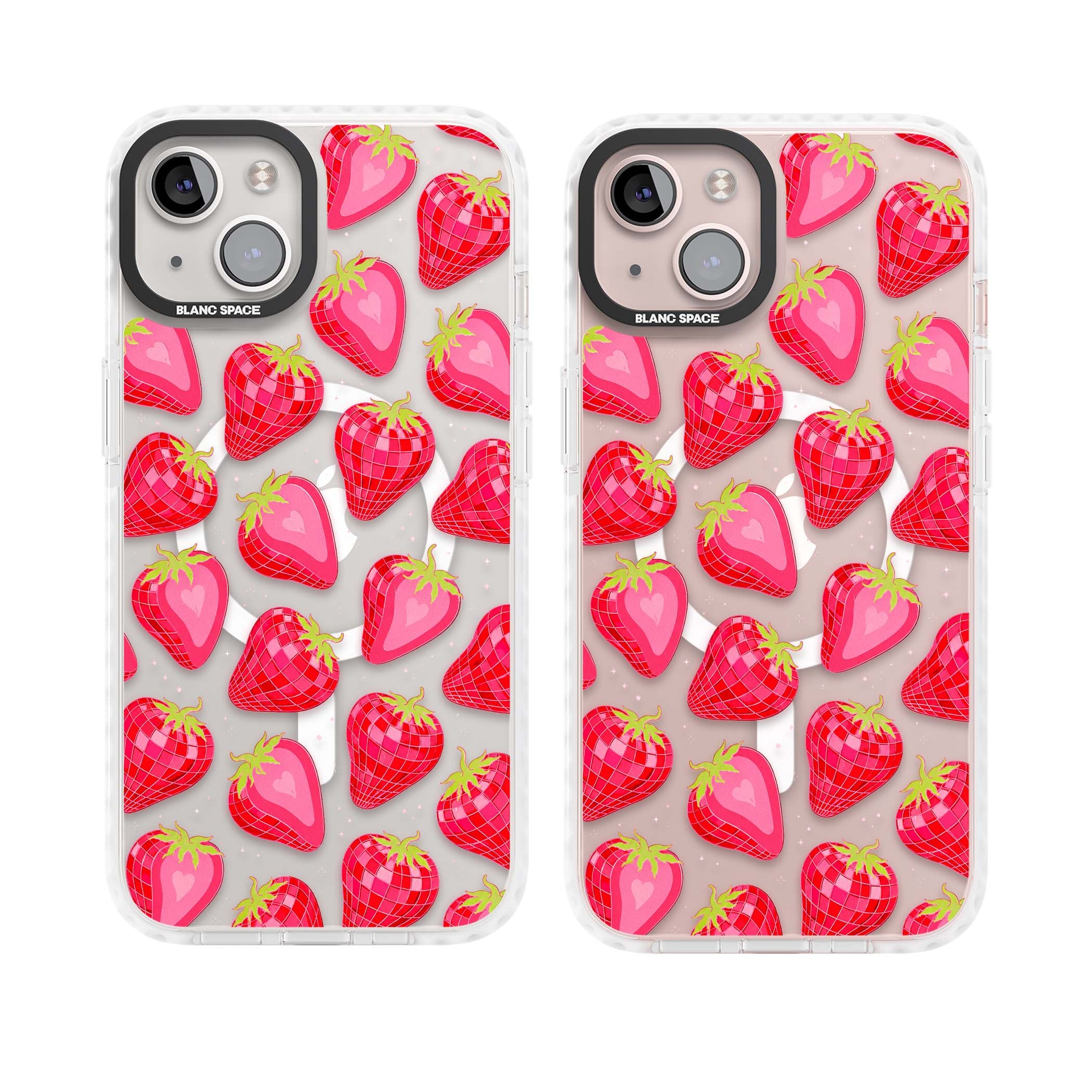 Disco Strawberry Y2K iPhone case featuring pink disco-ball strawberries, green leaves and tiny sparkles | Impact Magsafe case for iPhone 13, iPhone 14, iPhone 15