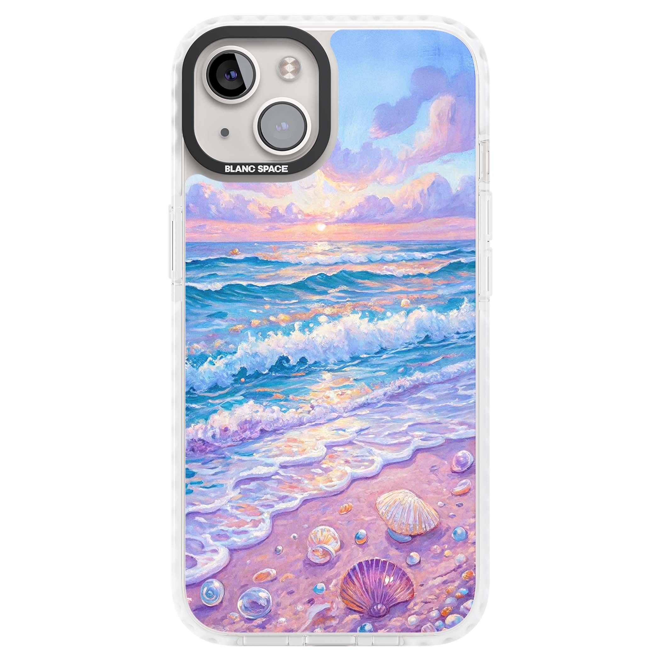 Pearl Shore coastal iPhone case featuring pastel painted waves, seashells, and a sunrise sky over a lavender beach. | Impact Magsafe case for iPhone 13, iPhone 14, iPhone 15