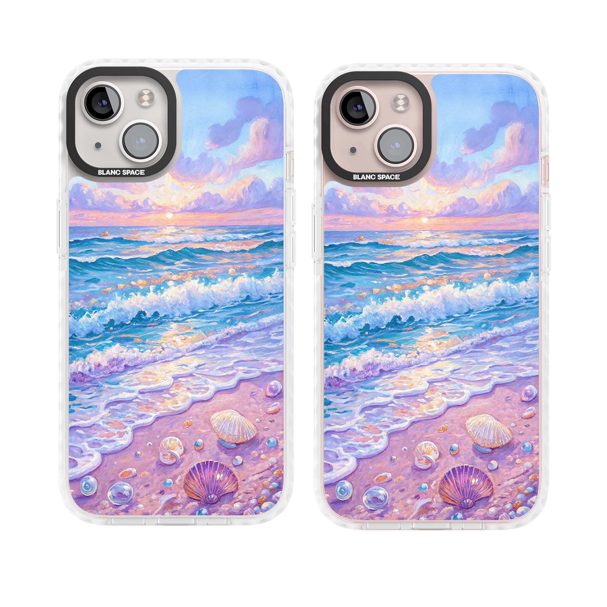 Pearl Shore coastal iPhone case featuring pastel painted waves, seashells, and a sunrise sky over a lavender beach. | Impact Magsafe case for iPhone 13, iPhone 14, iPhone 15