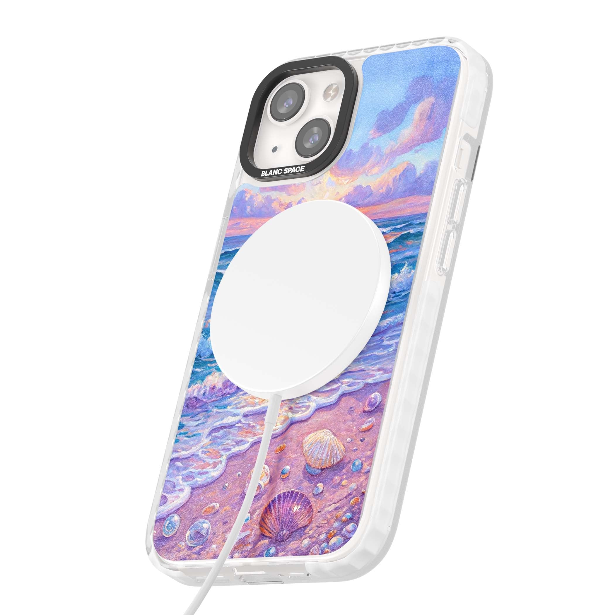 Pearl Shore coastal iPhone case featuring pastel painted waves, seashells, and a sunrise sky over a lavender beach. | Impact Magsafe case for iPhone 13, iPhone 14, iPhone 15