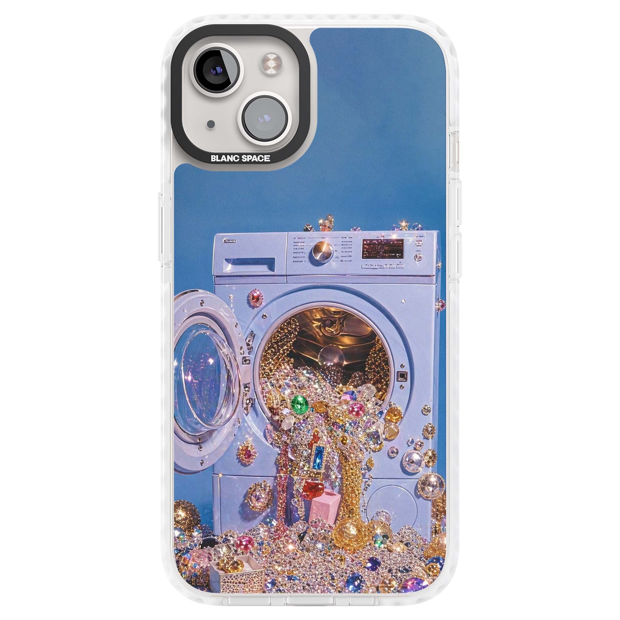 Gem Laundry baddie iPhone case featuring a surreal washing machine overflowing with colourful gemstones and crystals | Impact Magsafe case for iPhone 13, iPhone 14, iPhone 15