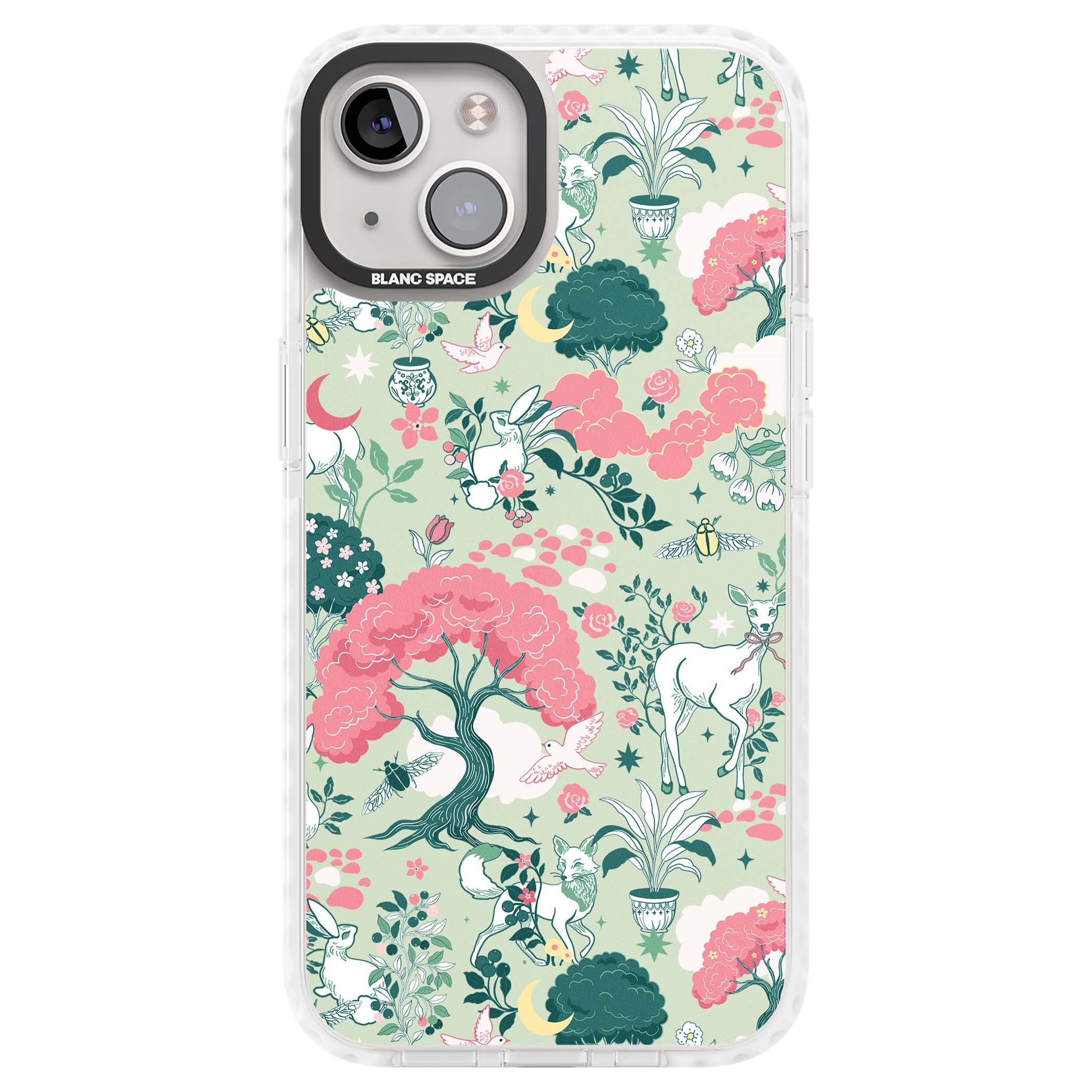 Enchanted Woodland cottagecore iPhone case featuring white deer, pink roses, mushrooms and woodland animals on sage green | Impact Magsafe case for iPhone 13, iPhone 14, iPhone 15