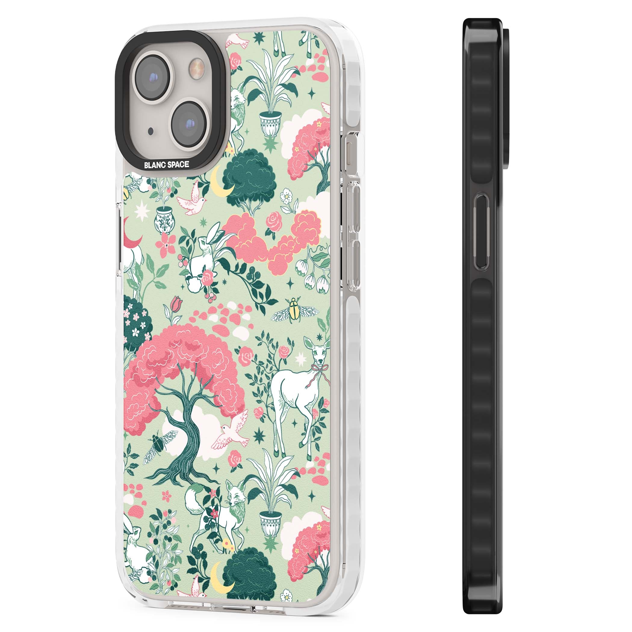 Enchanted Woodland cottagecore iPhone case featuring white deer, pink roses, mushrooms and woodland animals on sage green | Impact Magsafe case for iPhone 13, iPhone 14, iPhone 15