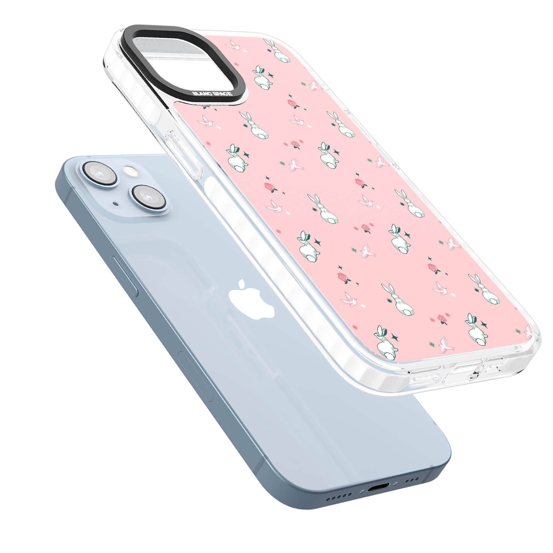 Bunny Garden kawaii iPhone case featuring white rabbits, pink roses, doves and stars on pink background | Impact Magsafe case for iPhone 13, iPhone 14, iPhone 15
