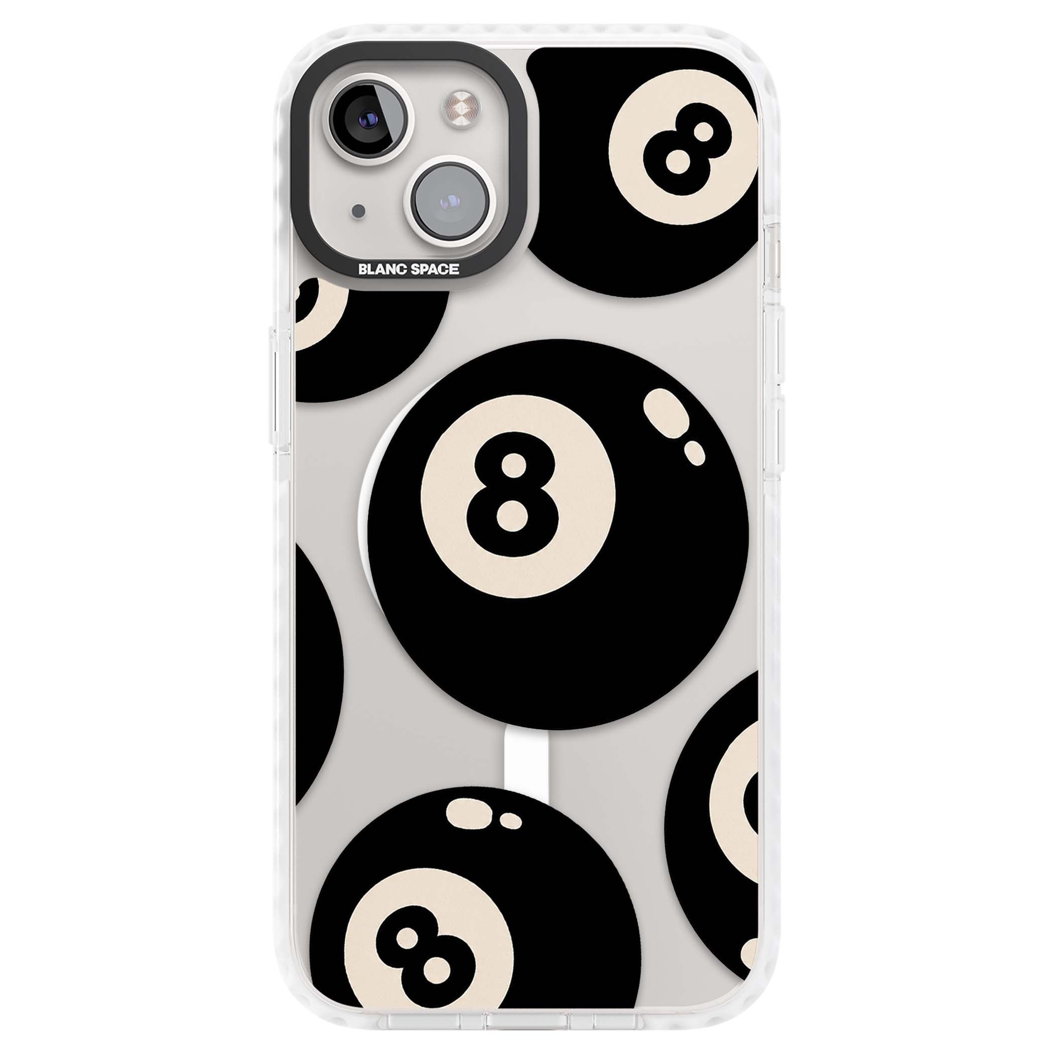 Eights y2k iPhone case featuring scattered black 8 balls with cream highlights on a clear background | Impact Magsafe case for iPhone 13, iPhone 14, iPhone 15