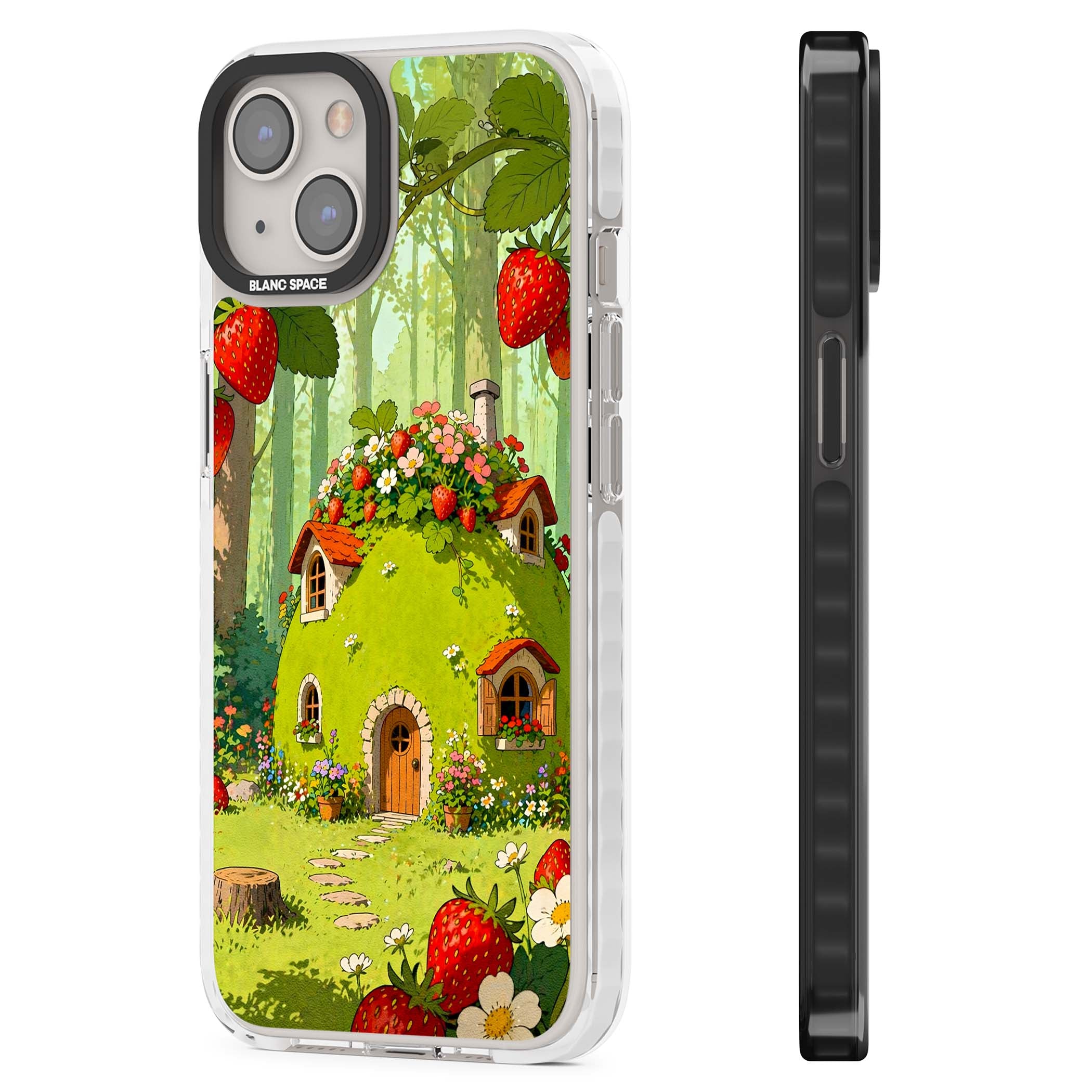 Strawberry Cottage cottagecore iPhone case featuring a green fairy house, wild strawberries and enchanted forest flowers | Impact Magsafe case for iPhone 13, iPhone 14, iPhone 15