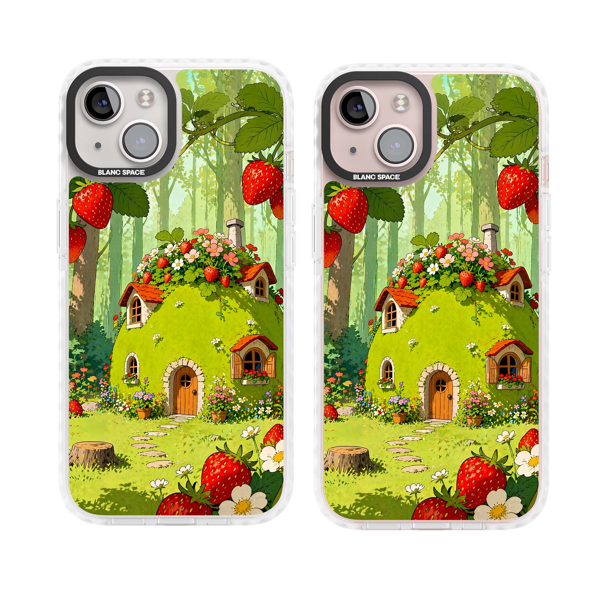 Strawberry Cottage cottagecore iPhone case featuring a green fairy house, wild strawberries and enchanted forest flowers | Impact Magsafe case for iPhone 13, iPhone 14, iPhone 15