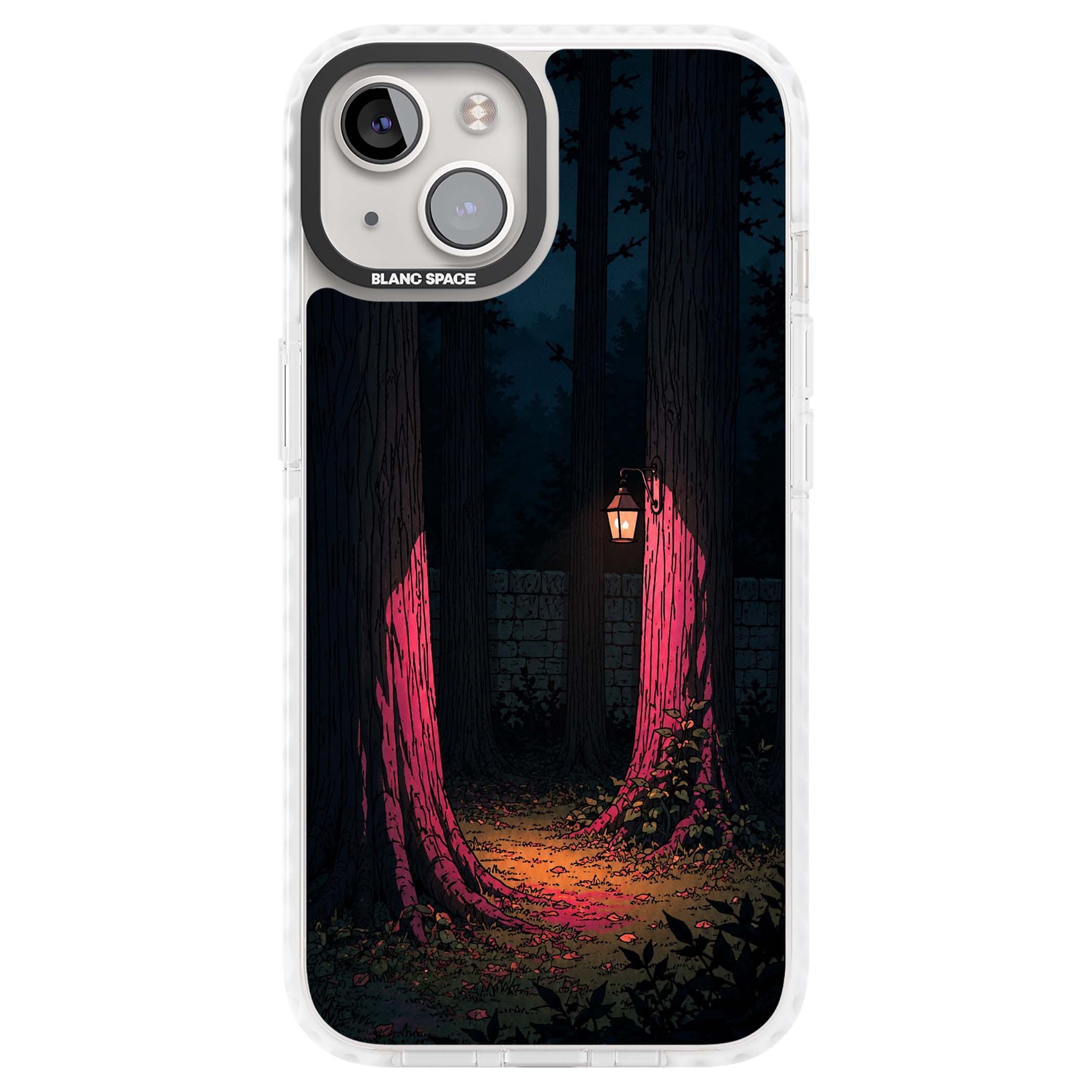Forest Lantern dark academia iPhone case featuring a moonlit forest, glowing lantern, and stone wall pathway | Impact Magsafe case for iPhone 13, iPhone 14, iPhone 15