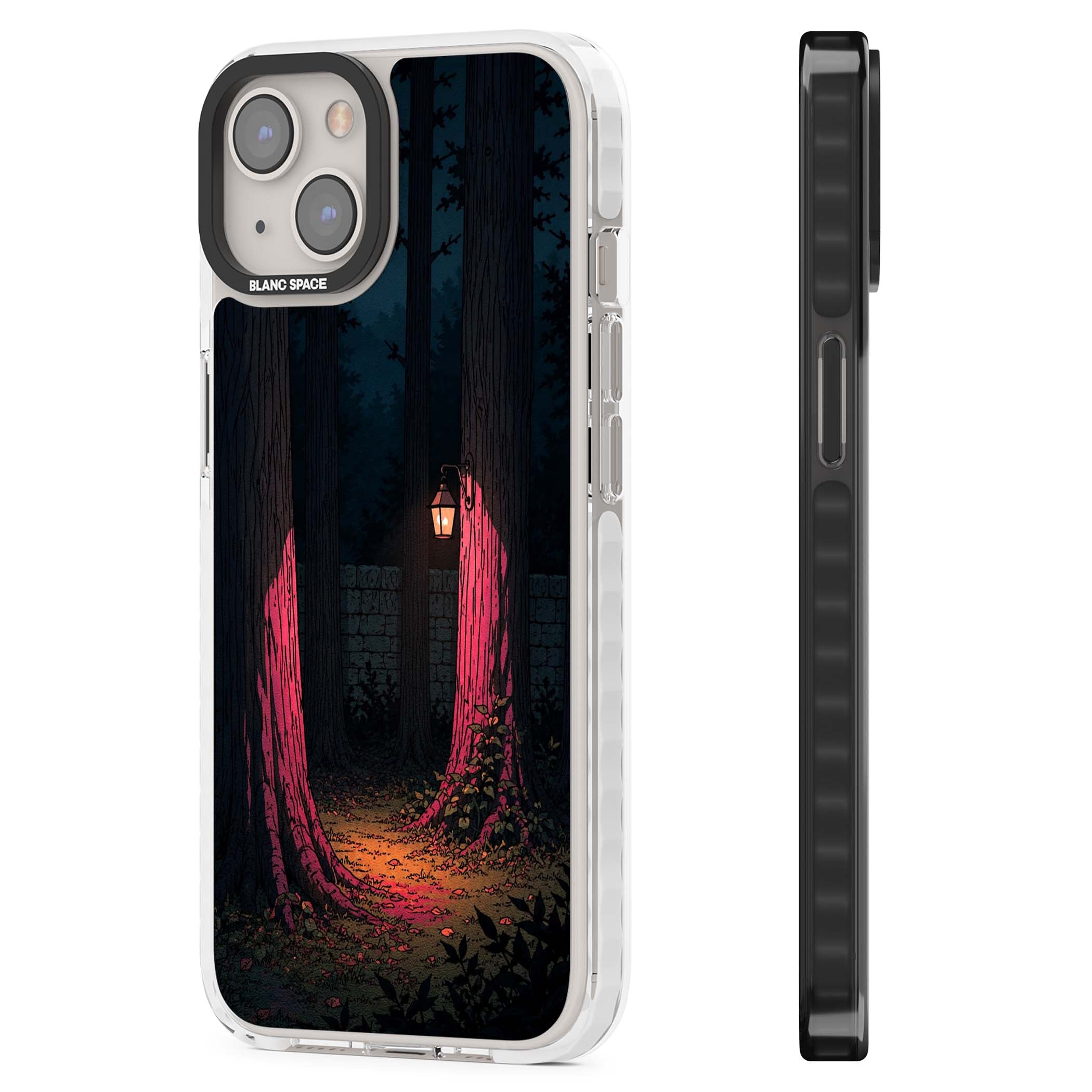 Forest Lantern dark academia iPhone case featuring a moonlit forest, glowing lantern, and stone wall pathway | Impact Magsafe case for iPhone 13, iPhone 14, iPhone 15