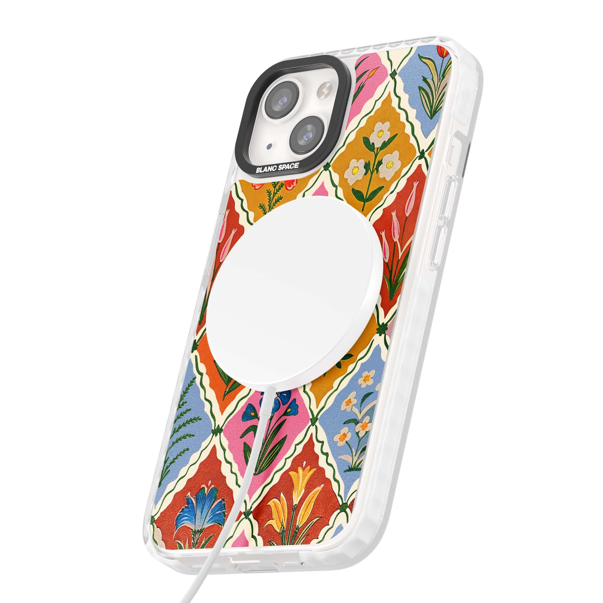 Floral Quilt boho floral iPhone case featuring diamond lattice pattern, hand-painted tulips and folk art wildflowers | Impact Magsafe case for iPhone 13, iPhone 14, iPhone 15