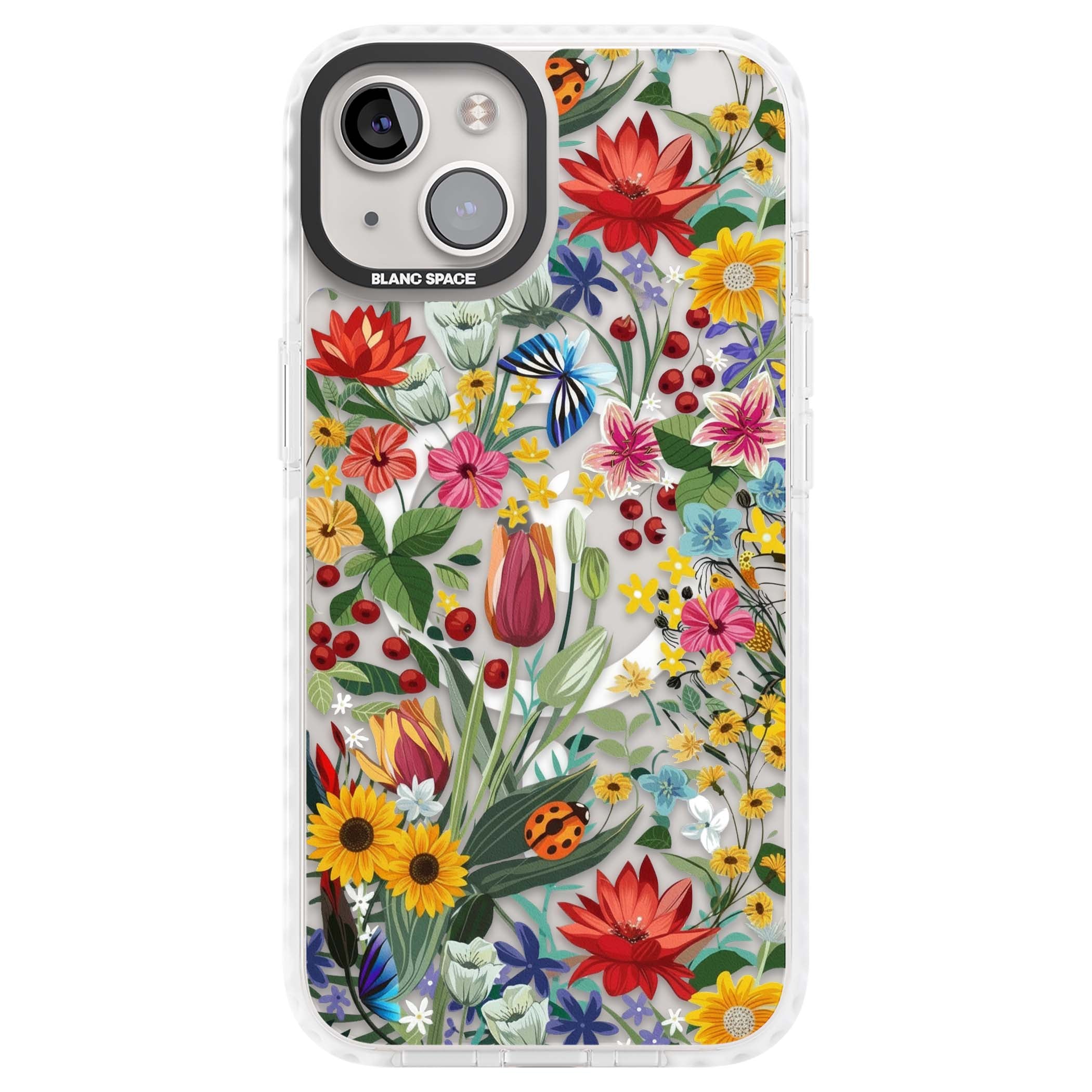 Botanical Bloom cottagecore iPhone case featuring colorful wildflowers, sunflowers, and ladybugs on clear background | Impact Magsafe case for iPhone 13, iPhone 14, iPhone 15