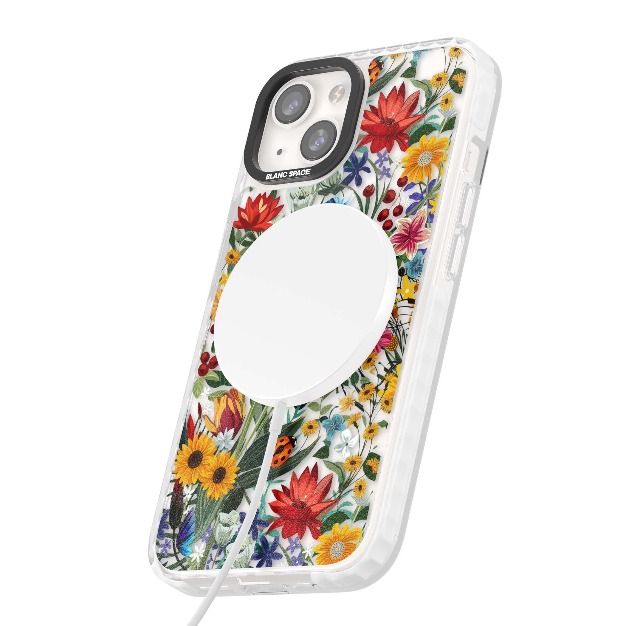 Botanical Bloom cottagecore iPhone case featuring colorful wildflowers, sunflowers, and ladybugs on clear background | Impact Magsafe case for iPhone 13, iPhone 14, iPhone 15