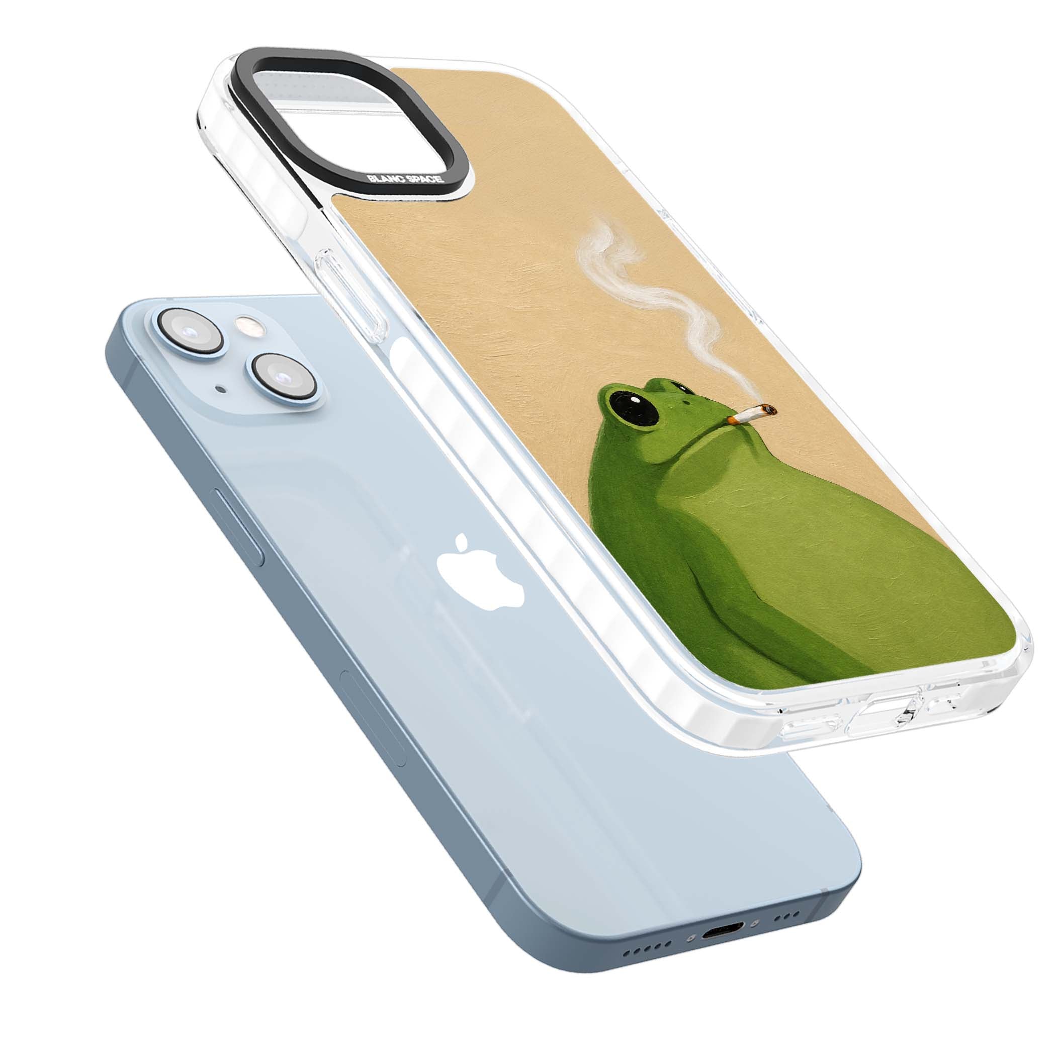 The Smoking Frog cottagecore iPhone case featuring a hand-painted green frog smoking a cigarette on a cream oil painting back | Impact Magsafe case for iPhone 13, iPhone 14, iPhone 15