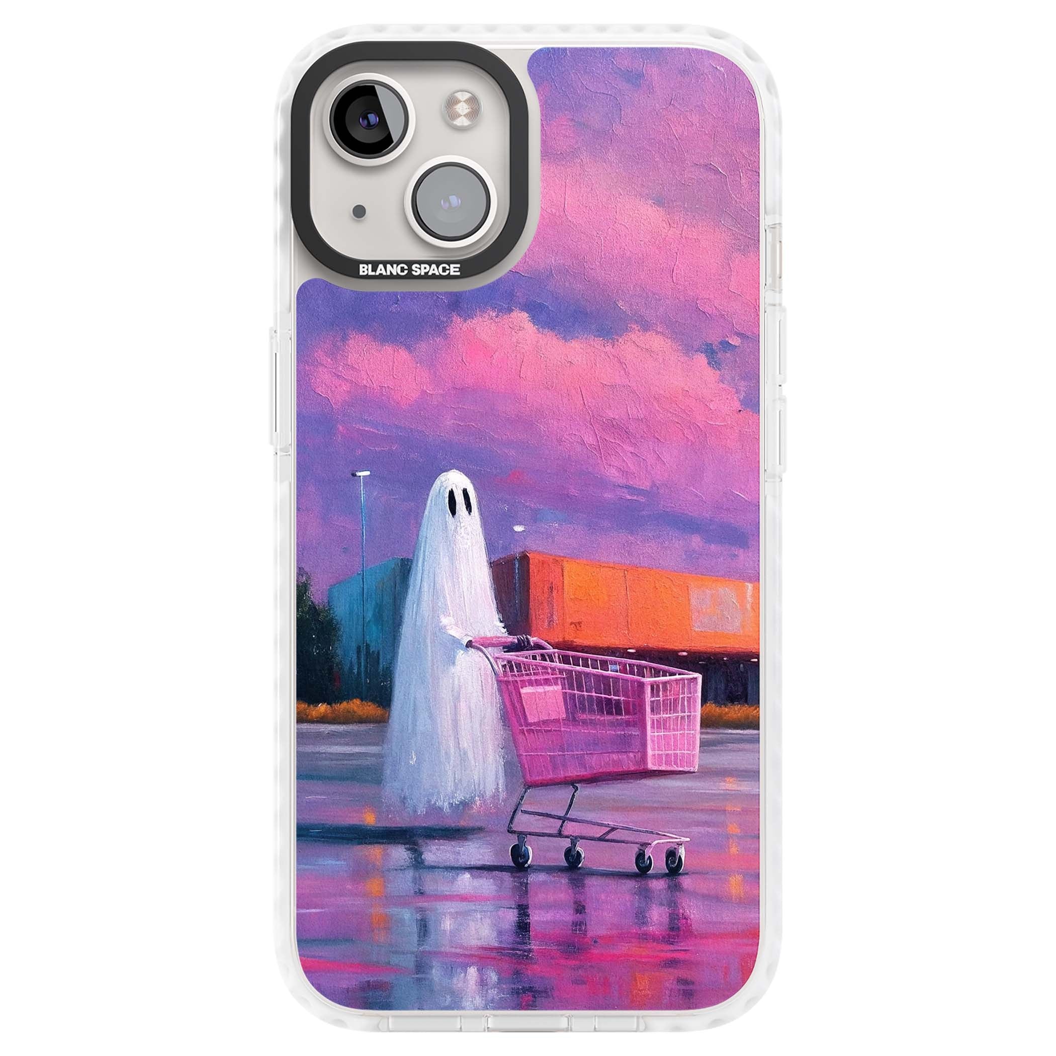 A Ghost's Errand ghost halloween iPhone case featuring a painted ghost, pink shopping trolley and purple sunset sky | Impact Magsafe case for iPhone 13, iPhone 14, iPhone 15
