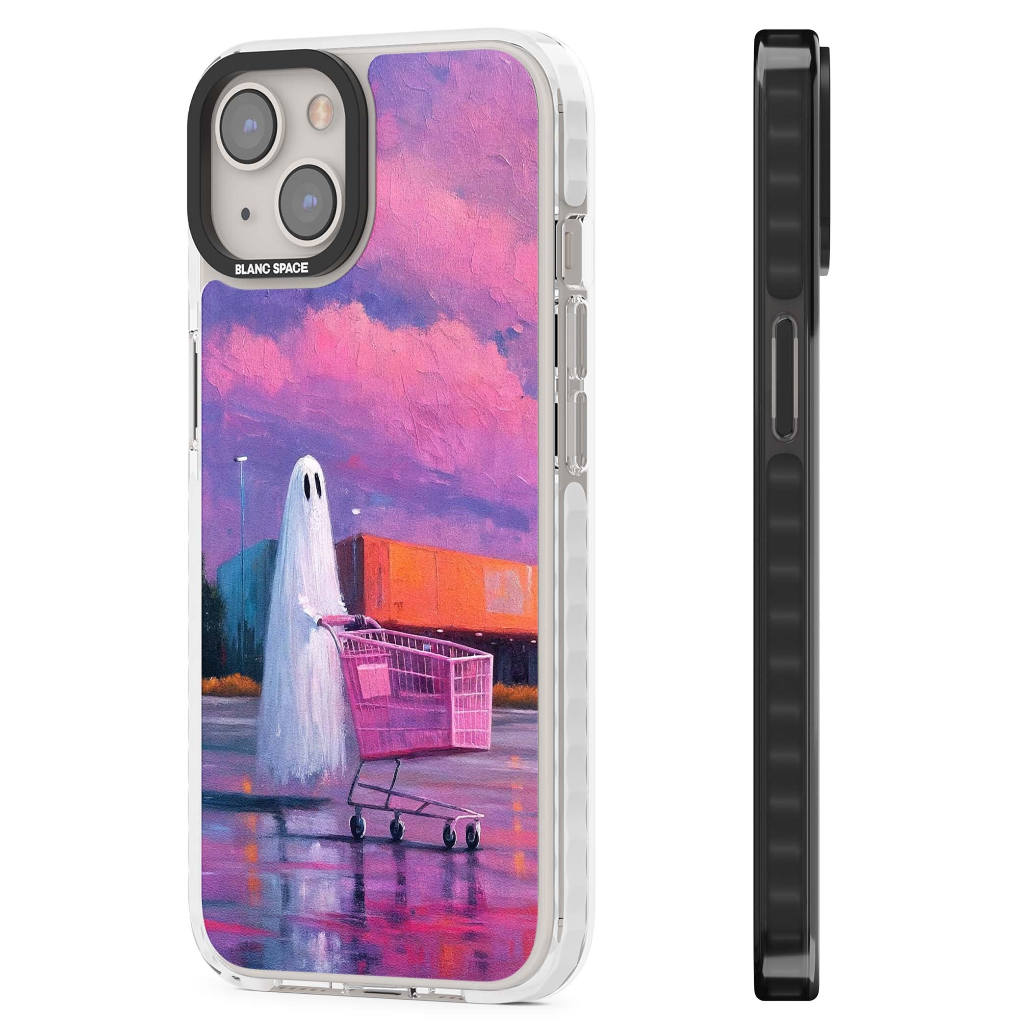 A Ghost's Errand ghost halloween iPhone case featuring a painted ghost, pink shopping trolley and purple sunset sky | Impact Magsafe case for iPhone 13, iPhone 14, iPhone 15