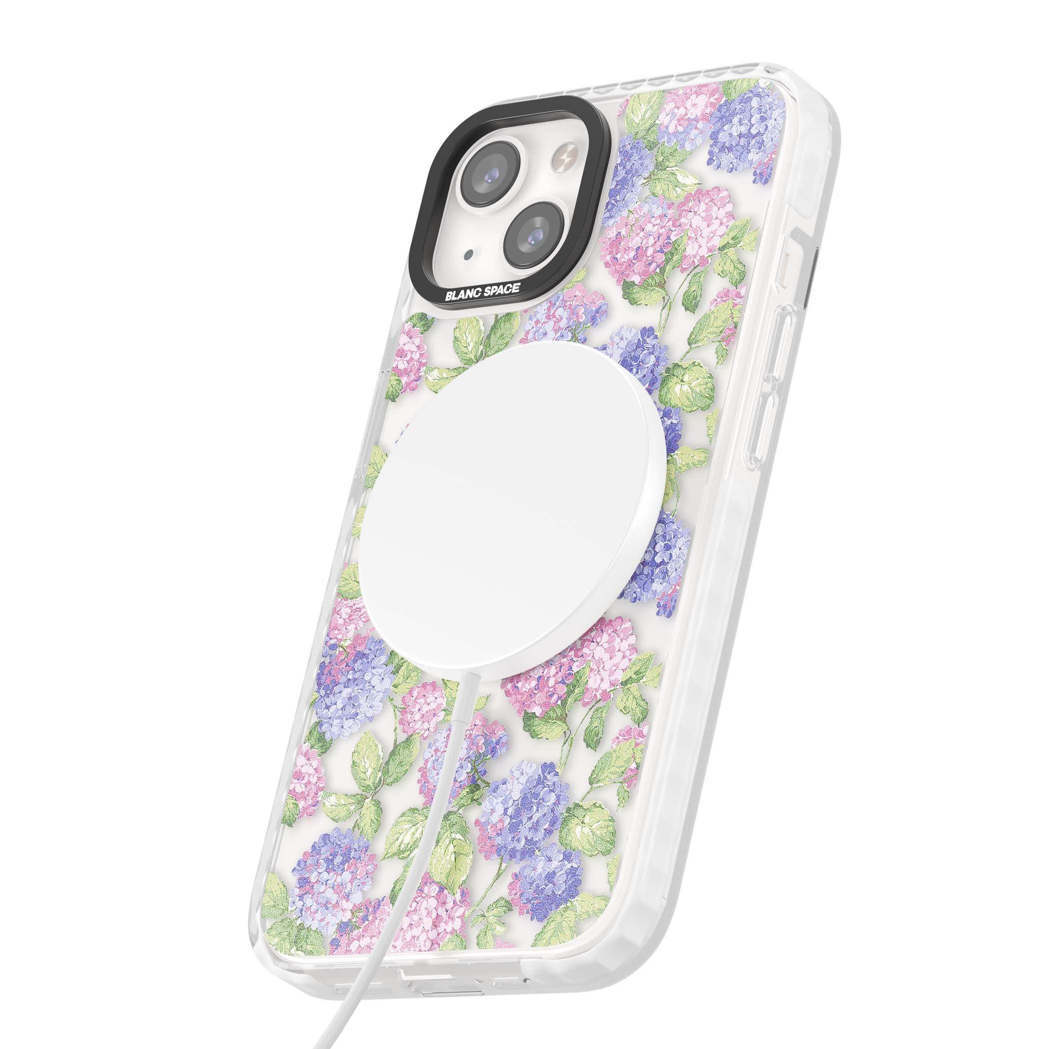Cottage Hydrangea cottagecore iPhone case featuring pink and purple hydrangea blooms with green leaves on a clear background | Impact Magsafe case for iPhone 13, iPhone 14, iPhone 15
