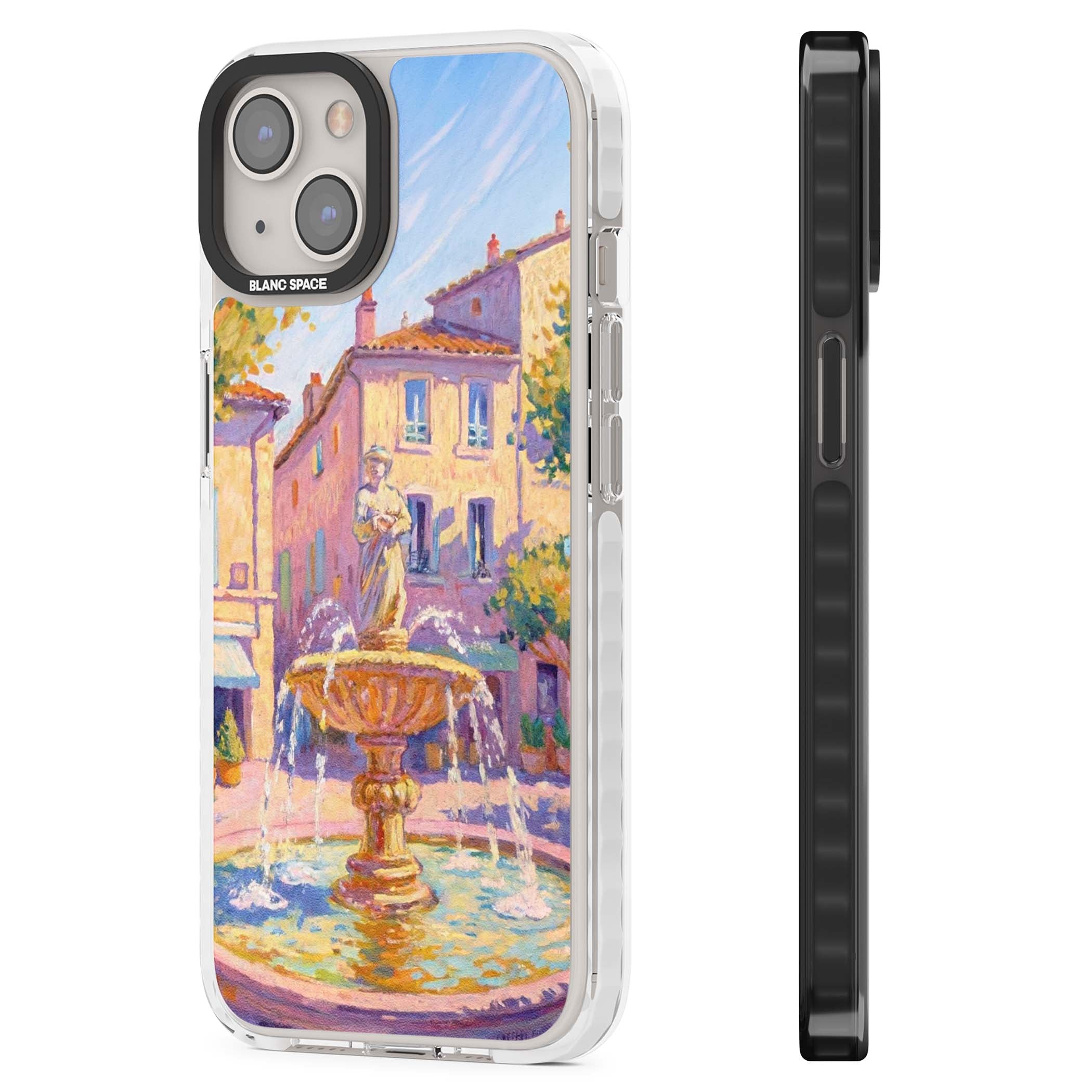 Fountain Square fine art iPhone case featuring an impressionist Provençal fountain, pastel village buildings and summe | Impact Magsafe case for iPhone 13, iPhone 14, iPhone 15