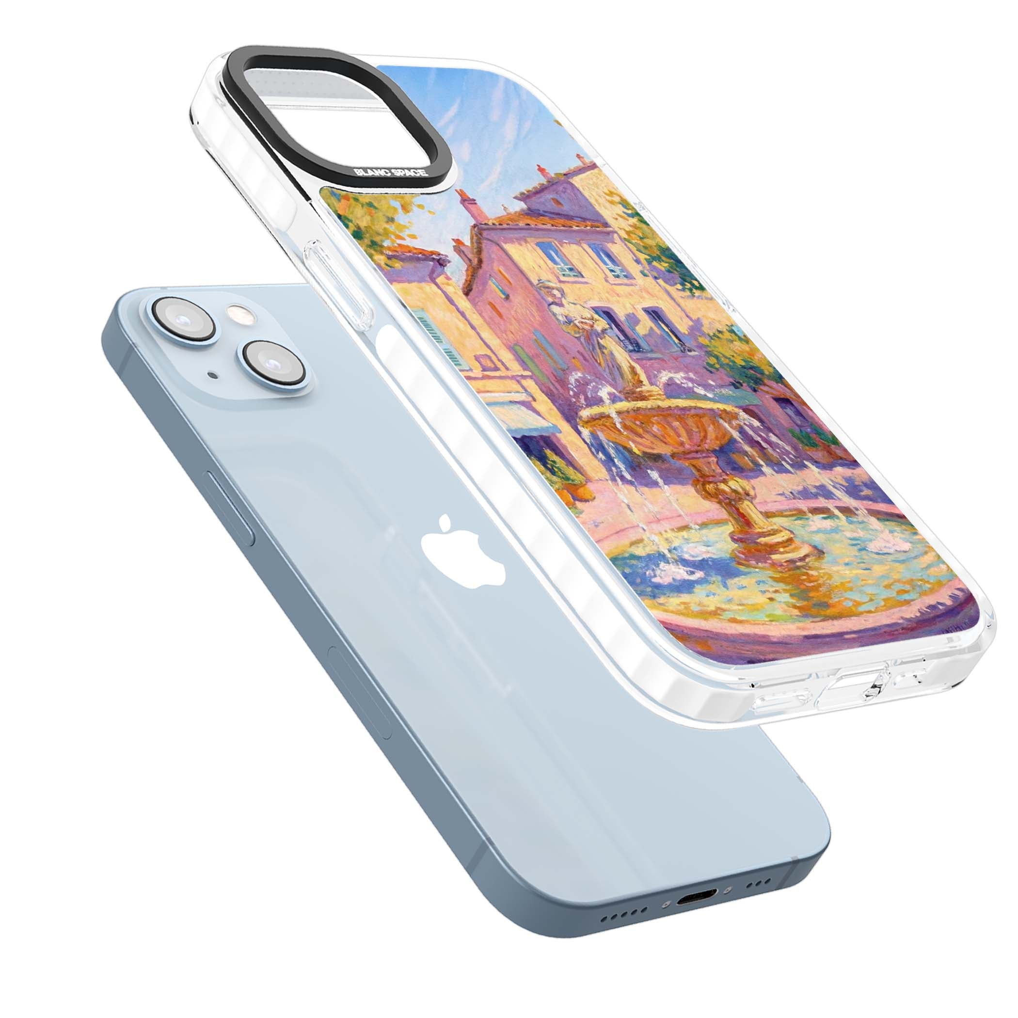 Fountain Square fine art iPhone case featuring an impressionist Provençal fountain, pastel village buildings and summe | Impact Magsafe case for iPhone 13, iPhone 14, iPhone 15