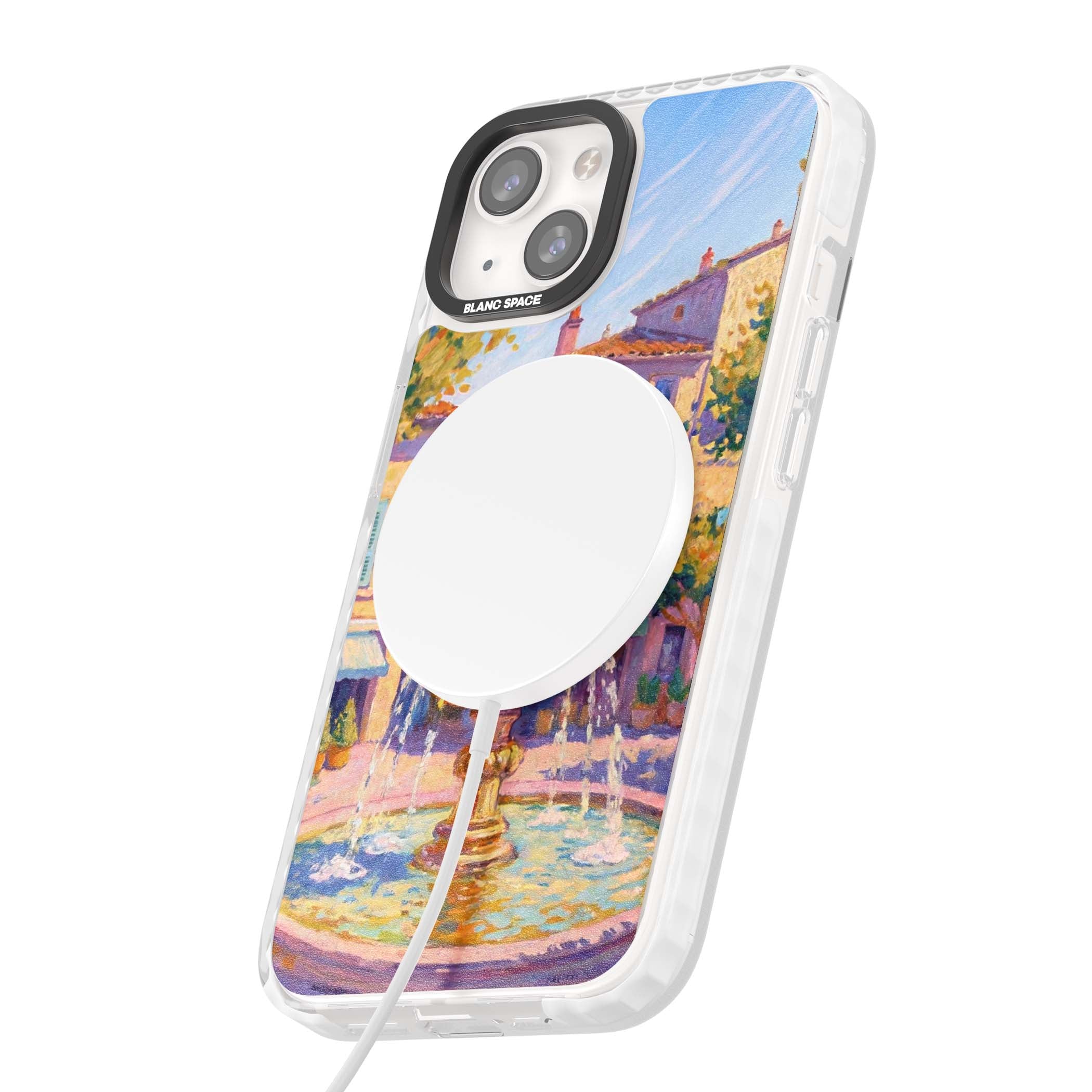 Fountain Square fine art iPhone case featuring an impressionist Provençal fountain, pastel village buildings and summe | Impact Magsafe case for iPhone 13, iPhone 14, iPhone 15