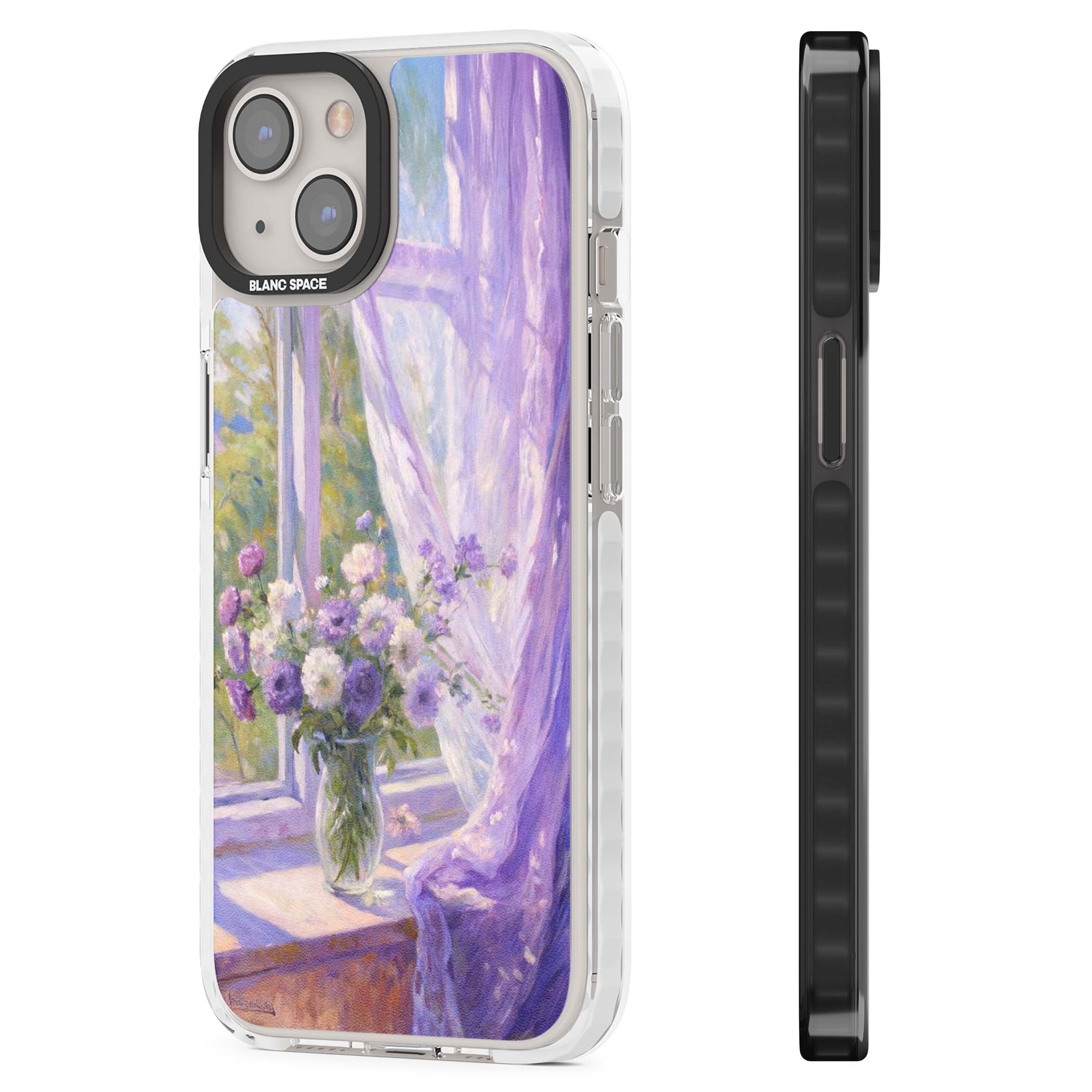 A Provence Morning impressionist art iPhone case featuring a vase of purple flowers, sunlit window and sheer curt | Impact Magsafe case for iPhone 13, iPhone 14, iPhone 15